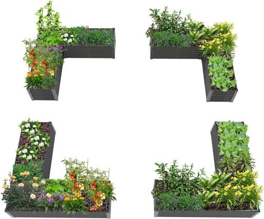 Front. A Anleolife - 4-Pack Gray Metal Rectangular L-Shaped Raised Garden Bed Planter Box for Vegetables (74 in. L x 74 in. W x 18 in. H) - Gray.