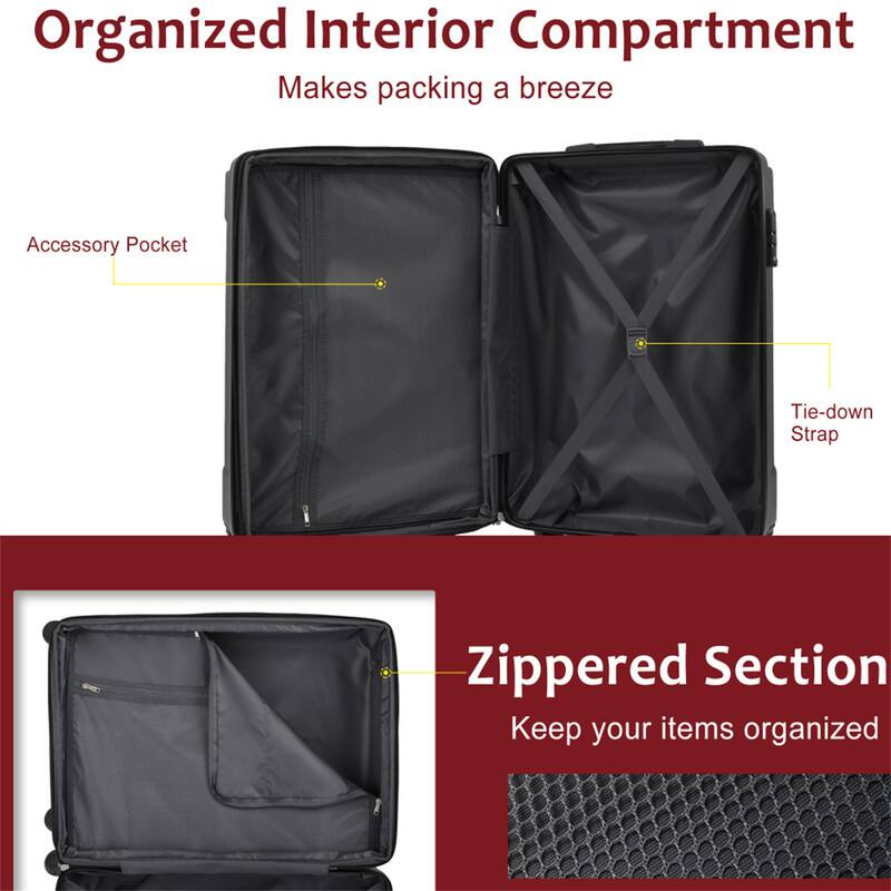 Organized Interior Compartment  
Makes packing a breeze  

Accessory Pocket  
Tie-down Strap  
Zippered Section  
Keep your items organized