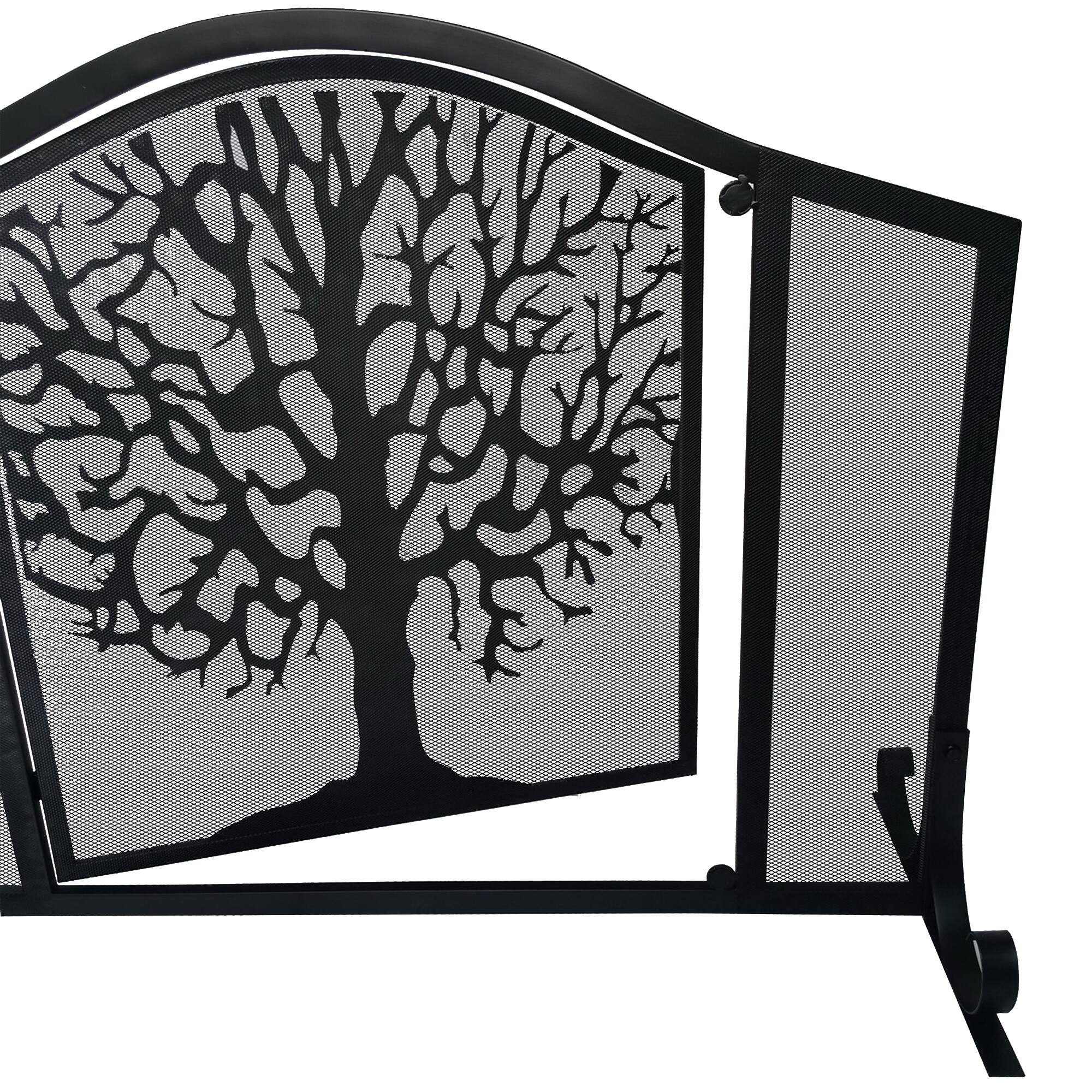 Alt View 3. Manhattan Lane - 43 Inches 3 Panel Iron Fireplace Screen, Mesh Design, Arched Top, Tree of Life Art - Black.