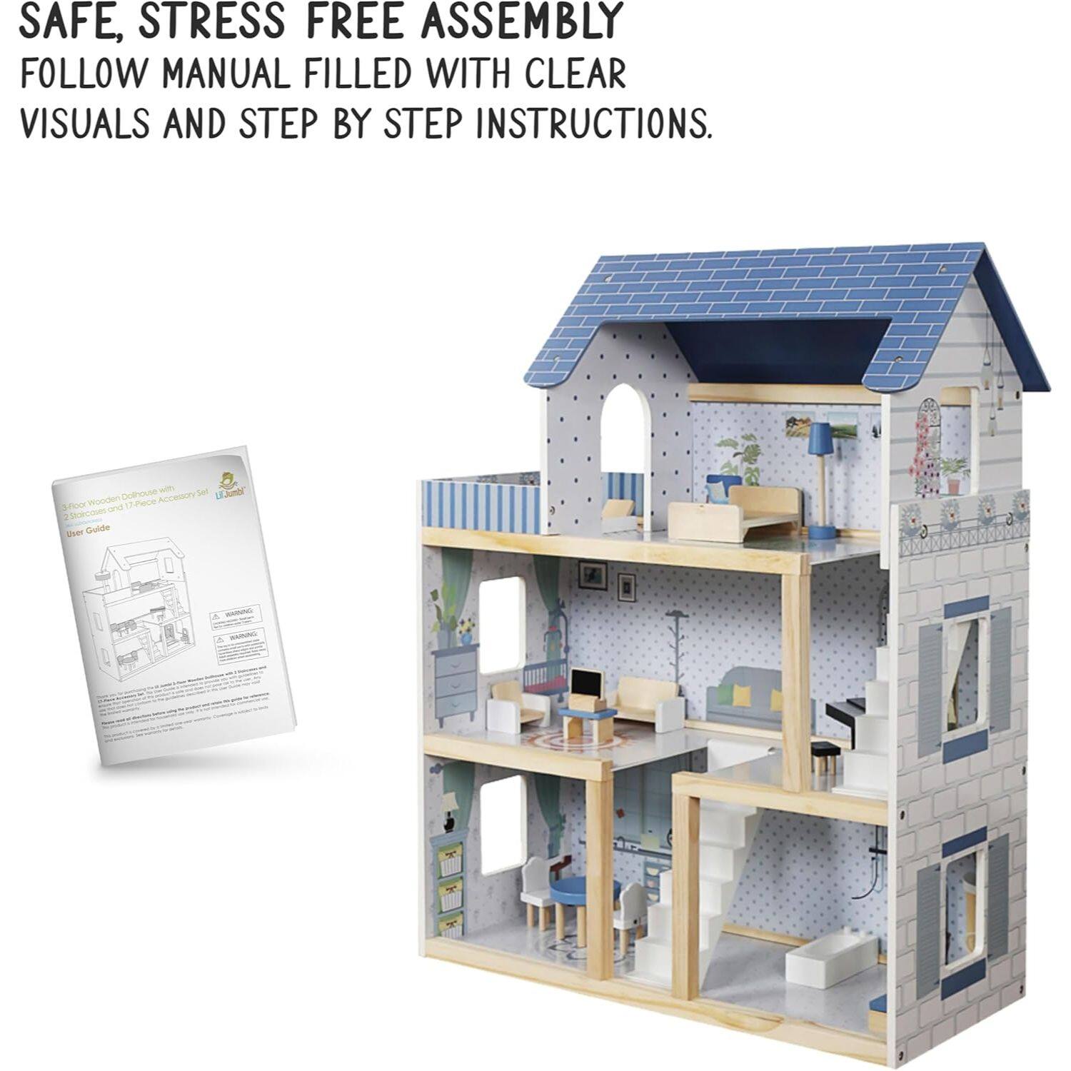 SAFE, STRESS FREE ASSEMBLY  
FOLLOW MANUAL FILLED WITH CLEAR VISUALS AND STEP BY STEP INSTRUCTIONS.  

Dollhouse San LEJuReS wooden Piece csory ahoor na 17 . p Sar Guide - R