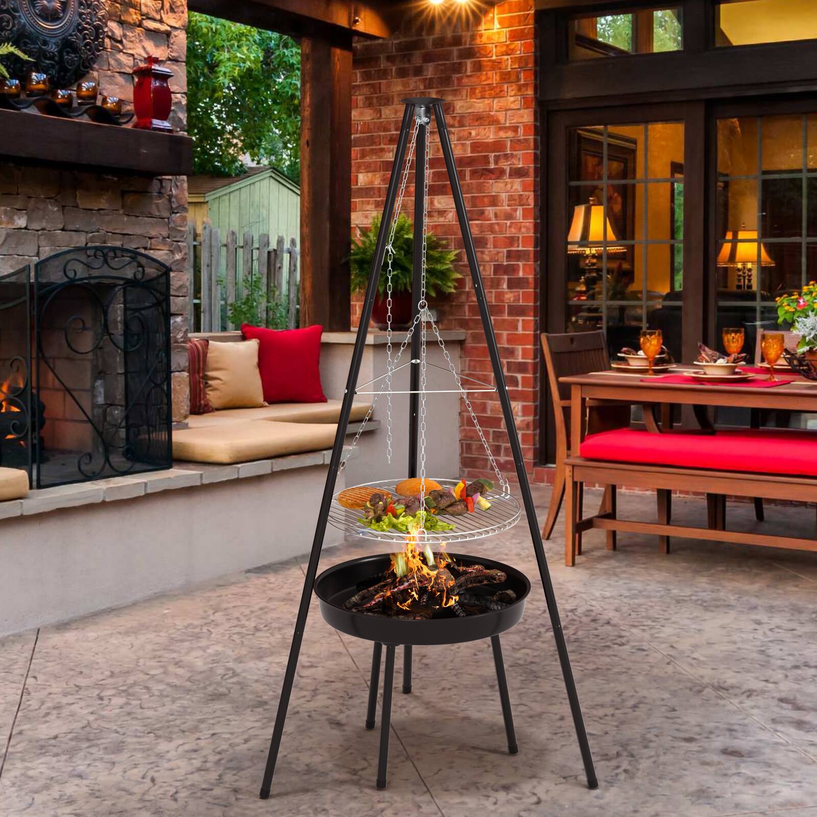 Alt View 8. Topteng - Extra Large Tripod Outdoor Fire Pit BBQ - Portable Steel Bowl with Adjustable Grill&Mesh Cover for Garden Patio Camping.