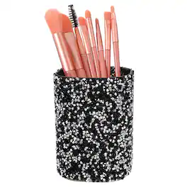 Unique Bargains - Crystal Makeup Brush Holder Storage Box Round Pencil Case, 2.9x2.9x3.8in Multifunctional Rhinestone Pen Holder - Black White