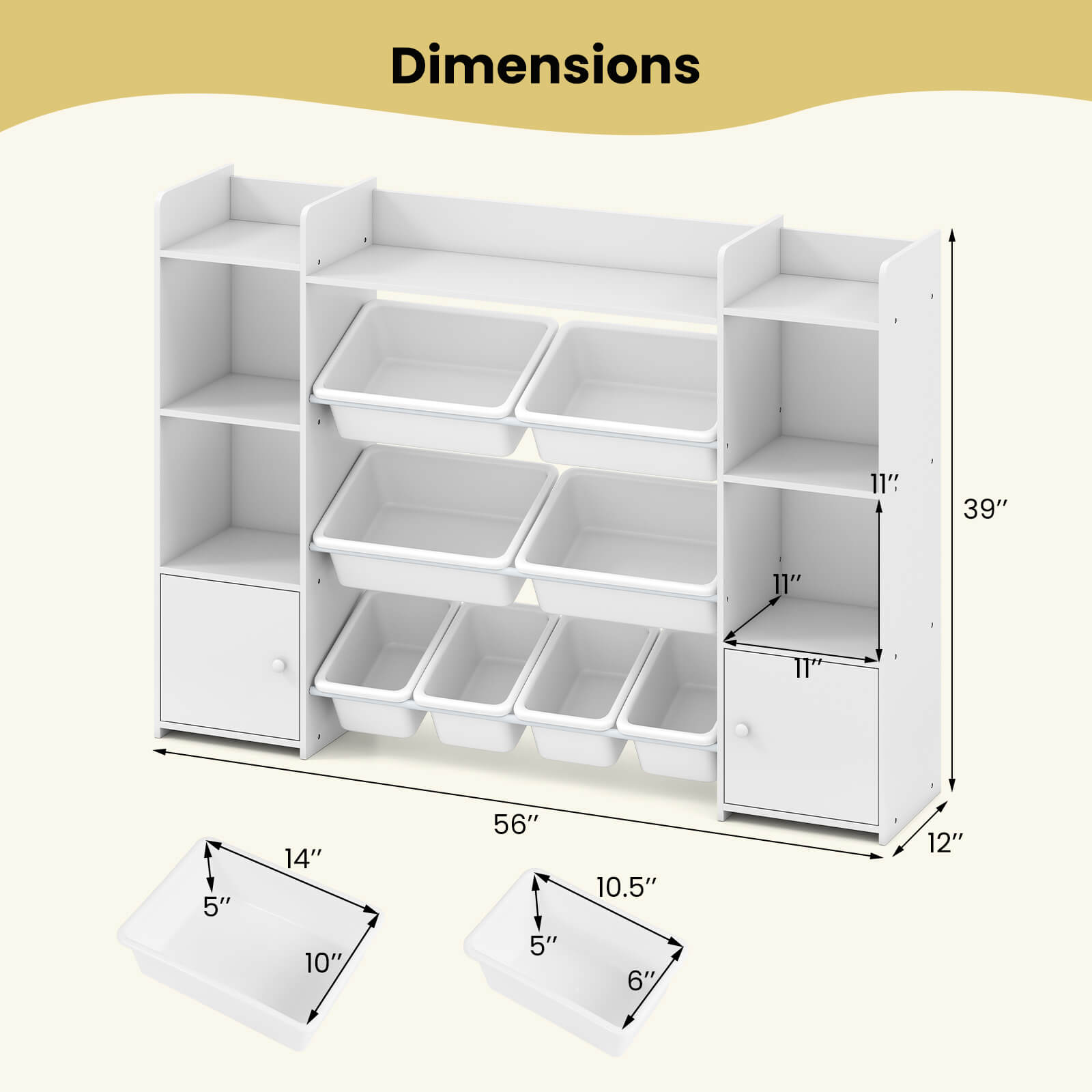 Dimensions

- 39"
- 56"
- 12"
- 11"
- 11"
- 11"
- 10.5"
- 6"
- 14"
- 10"
- 5"