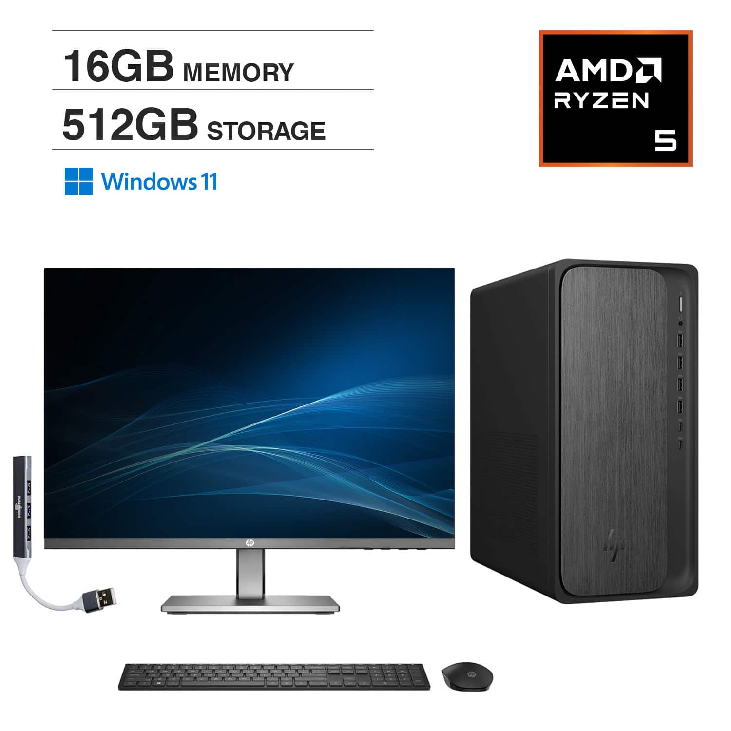 HP - OmniDesk Desktop (Ryzen 5, 16GB, 512GB SSD, WiFi 6, Win 11 Home) Bundle with single Monitor 24 inch and USB Hub - Gray Wood