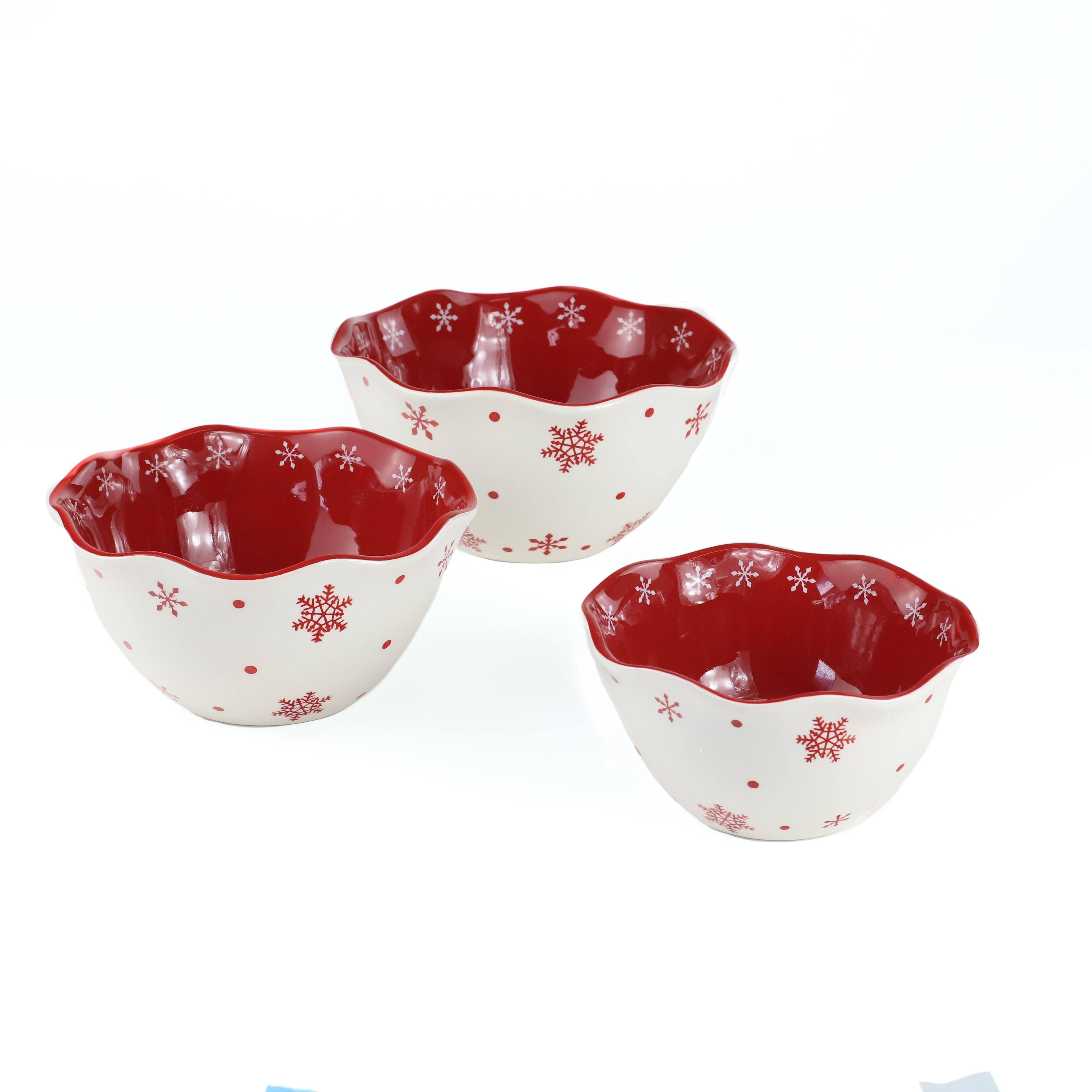 Front. Euro Ceramica Home - Winterfest 3 Piece Nesting Bowl Set - Snow Flower - White and Red.