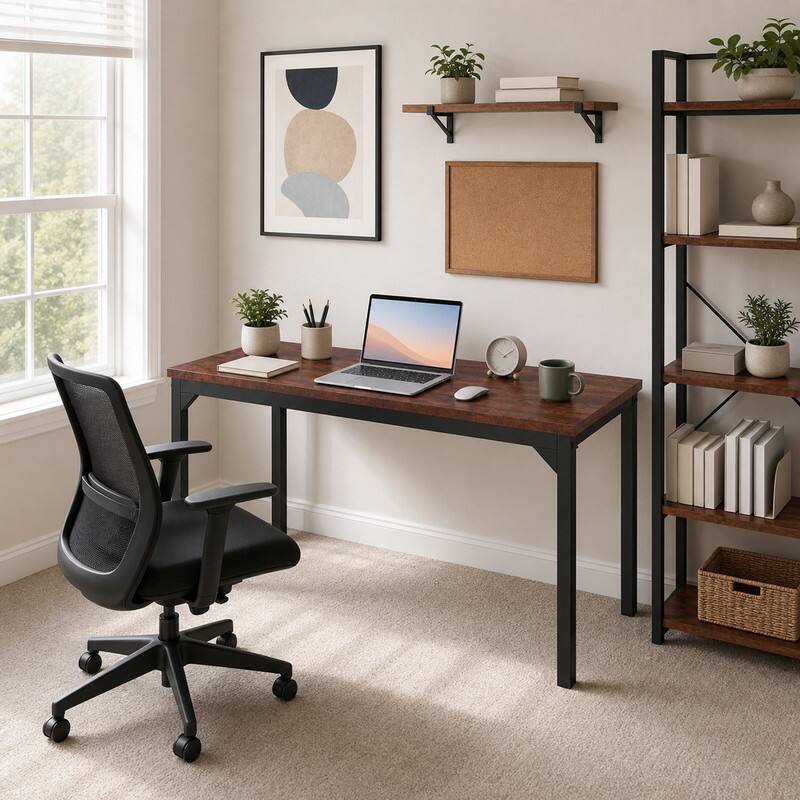 Angle. WELLFOR - 55" Computer Desk with Heavy-duty Metal Frame, Rectangle Home Office Desk for Study,Working,Writing - Brown.