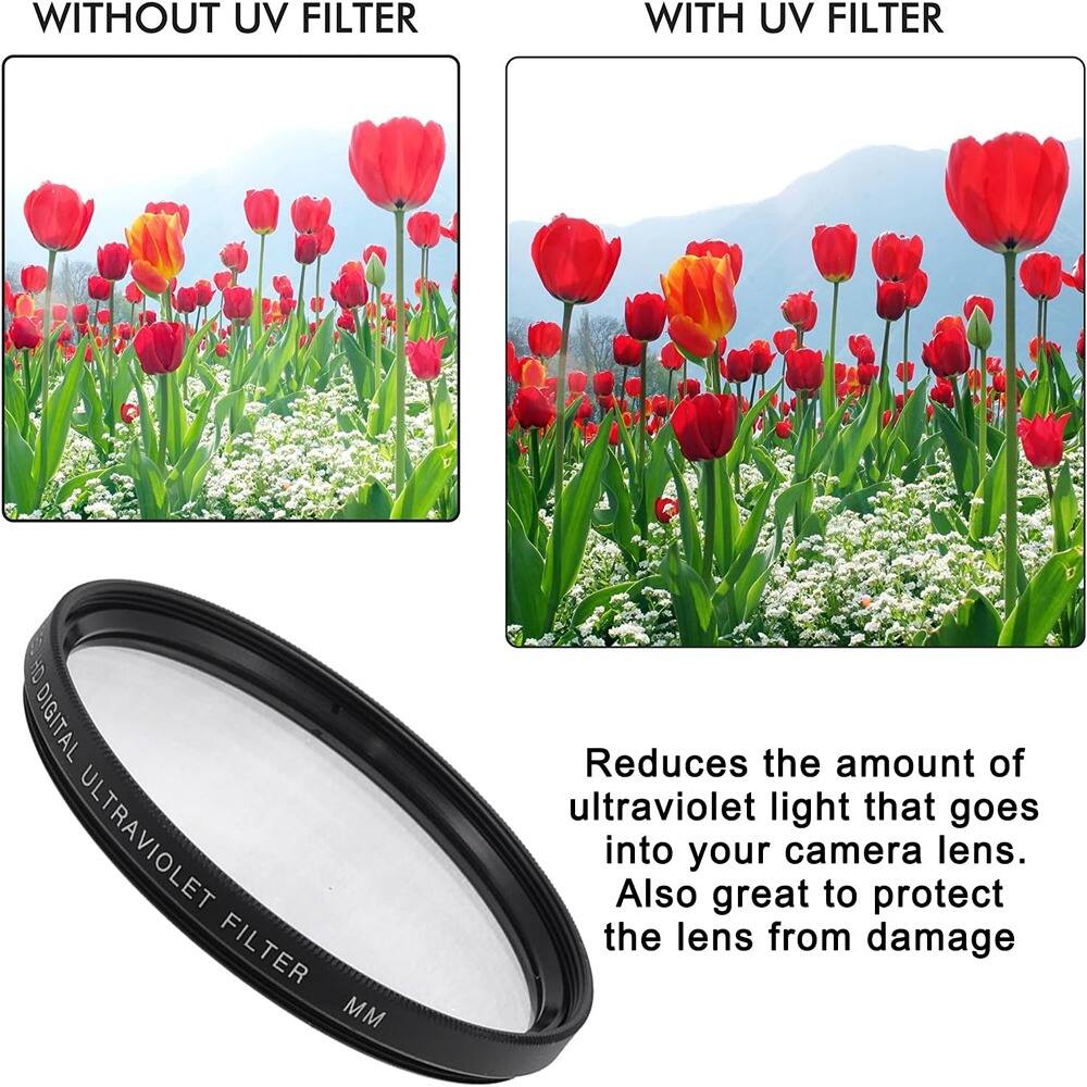 WITHOUT UV FILTER

WITH UV FILTER

Reduces the amount of ultraviolet light that goes into your camera lens. Also great to protect the lens from damage

DIGITAL ULTRAVIOLET FILTER MM