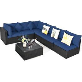 Costway - 7PCS Patio Rattan Sofa Set Sectional Conversation Furniture Set Garden - Navy
