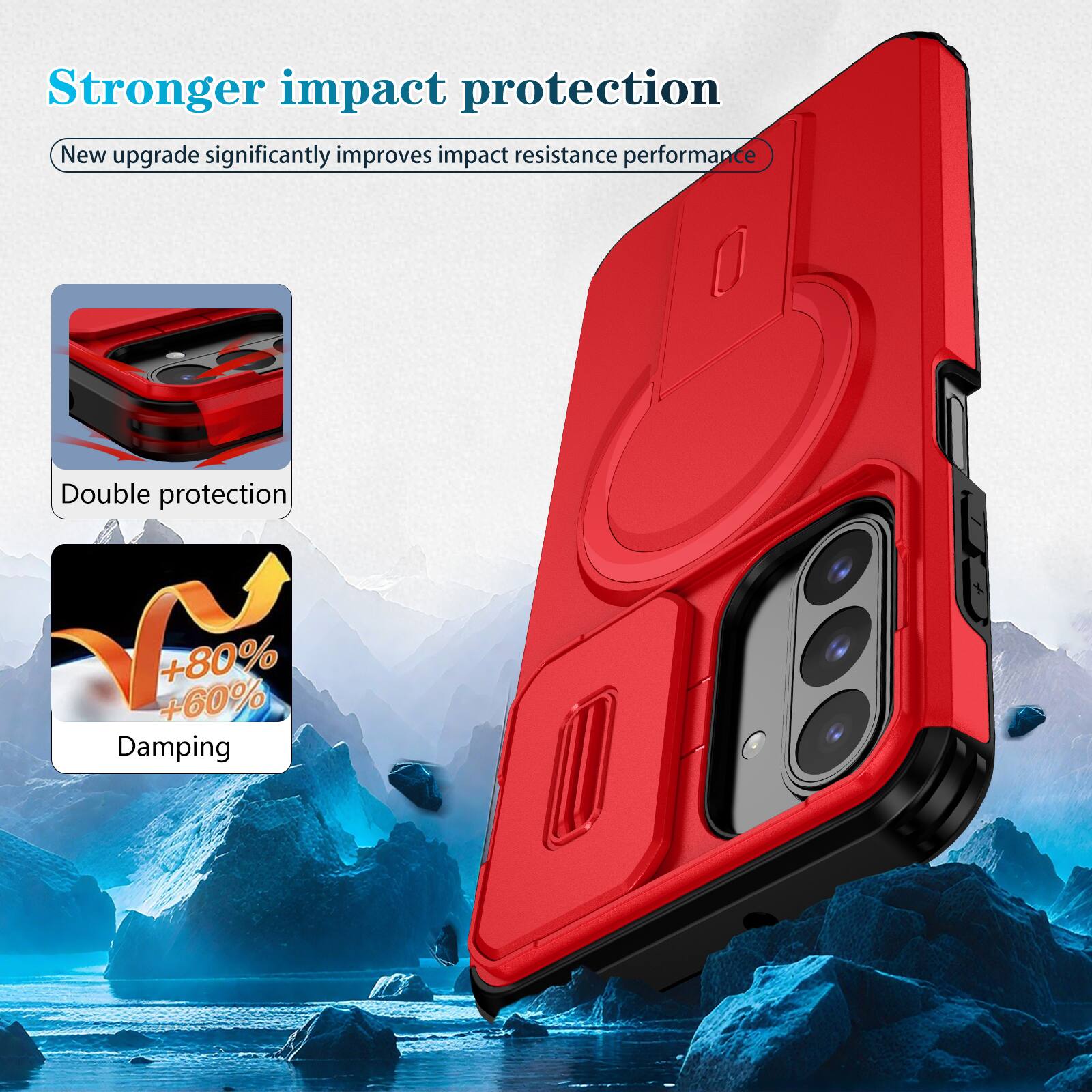 Stronger impact protection  
New upgrade significantly improves impact resistance performance  
Double protection  
+80% +60% Damping