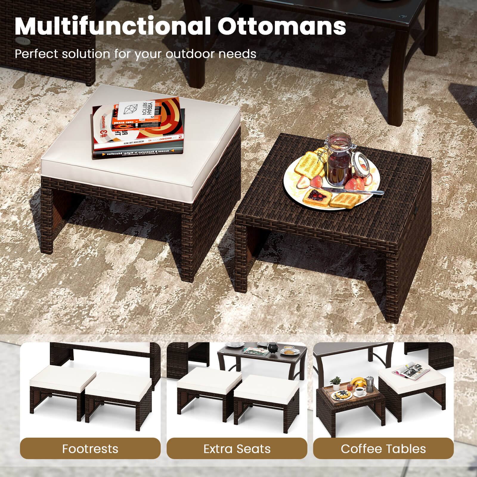 Multifunctional Ottomans  
Perfect solution for your outdoor needs  

Footrests  
Extra Seats  
Coffee Tables