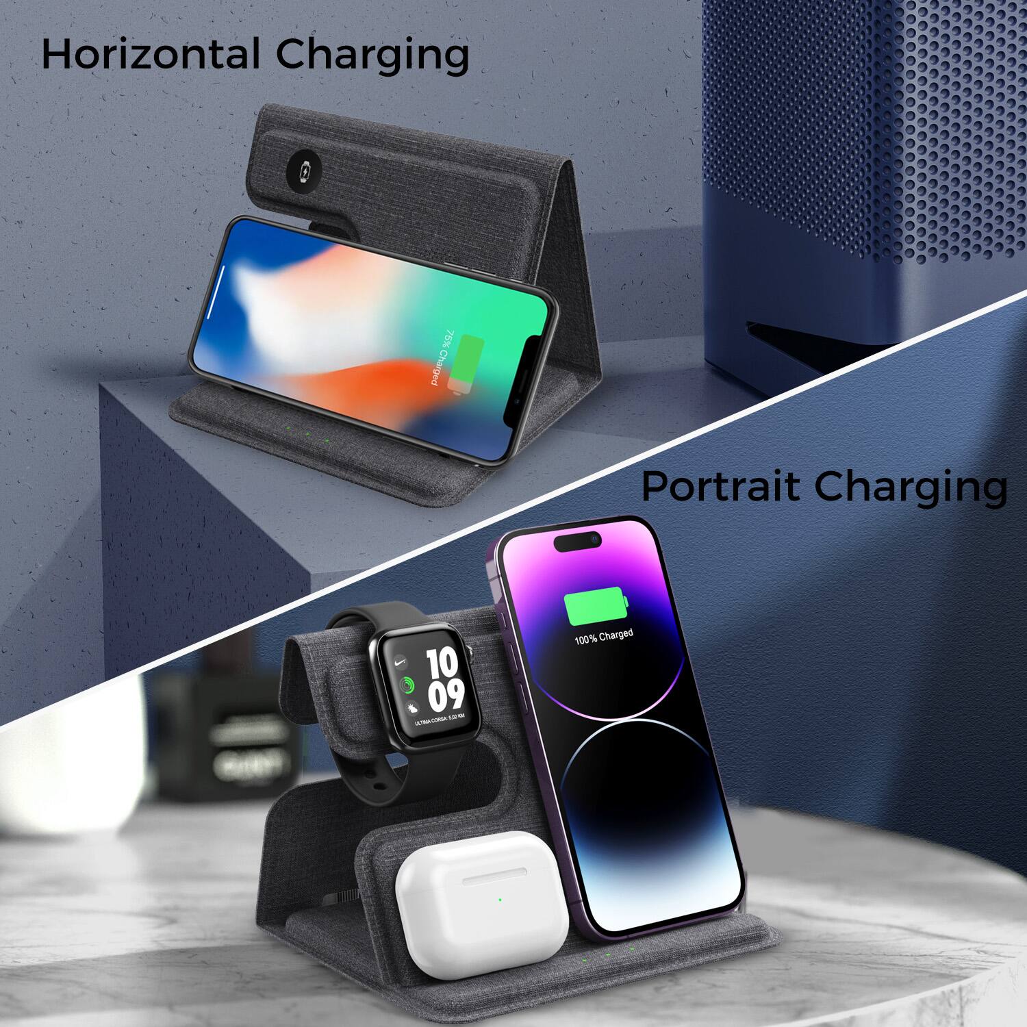 Horizontal Charging: A 75% pouec
Portrait Charging: 10 09 - - 1E i - 100% Charged
