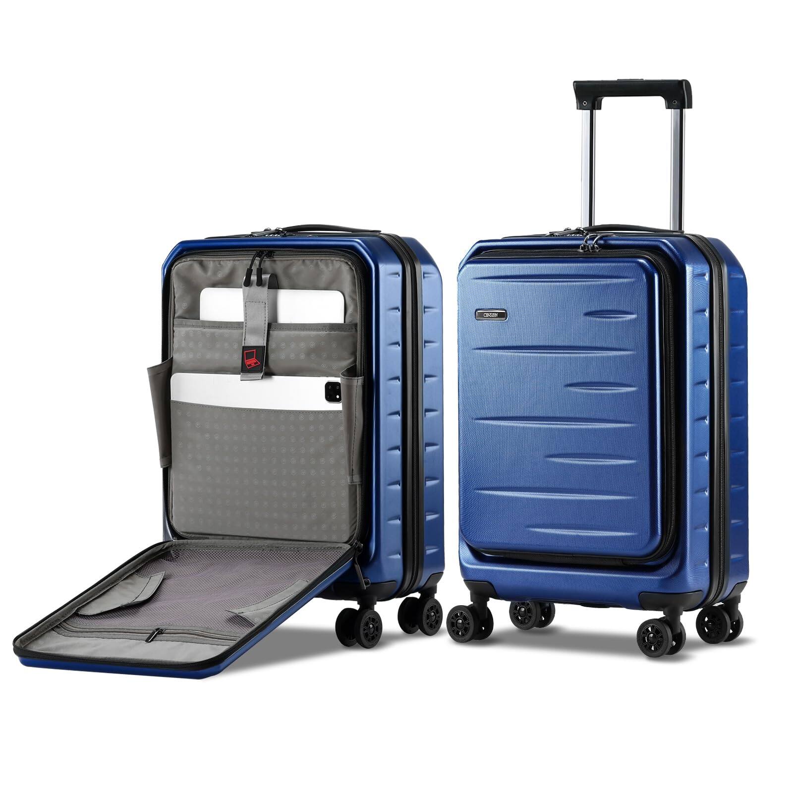 DORLUKFU- Carry On Luggage 22×14×9 Airline Approved, 20 Inch Lightweight ABS+PC Hard Shell Suitcases with Front Pocket, Spinner- Navy Blue