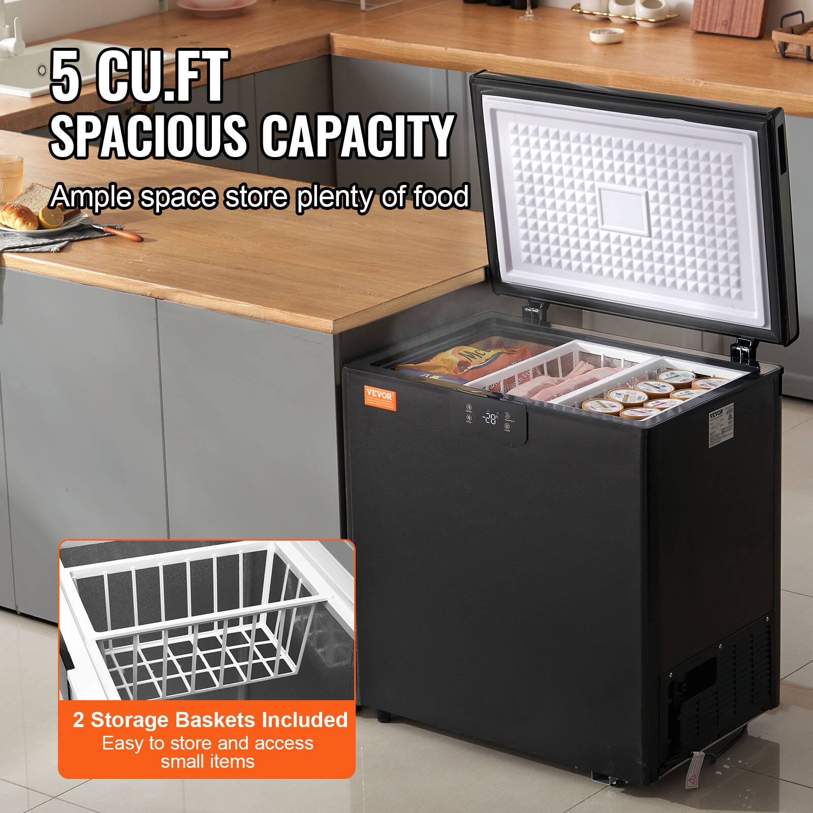 5 CU.FT SPACIOUS CAPACITY  
Ample space to store plenty of food  

2 Storage Baskets Included  
Easy to store and access small items