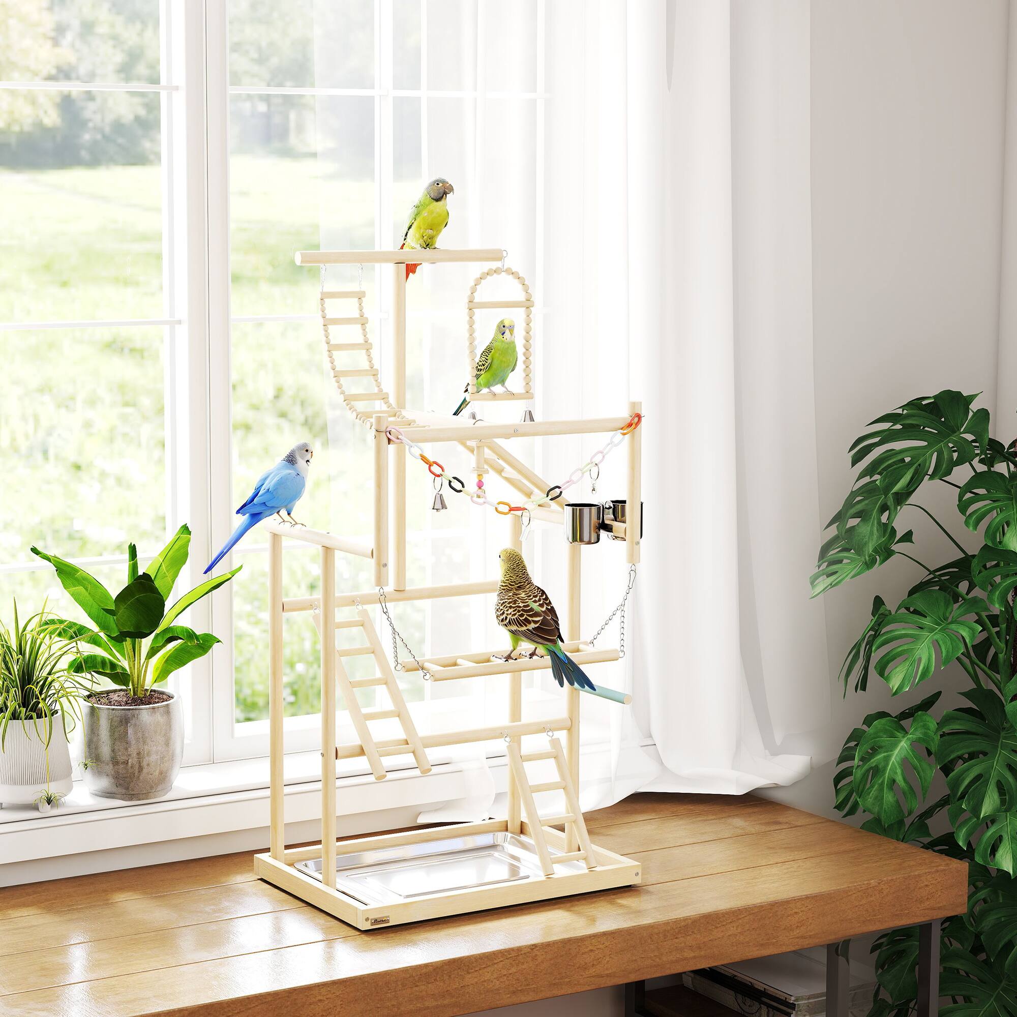 Alt View 1. Pawhut - Playground, 4 Layer Wooden Play Stand with Ladders, Chain Toy - Natural wood.