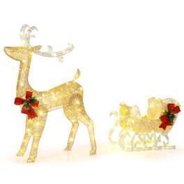 Costway - Lighted Christmas Reindeer & Sleigh, Outdoor & Indoor Decoration W/ 100 Lights - Gold