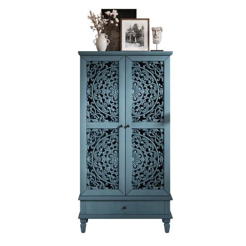 Alt View 6. LUCKY ONE - 55in Freestanding Tall Storage Cabinet with Drawer Carved Doors Solid Wood Legs for Living Room Hallway - Antique Blue.