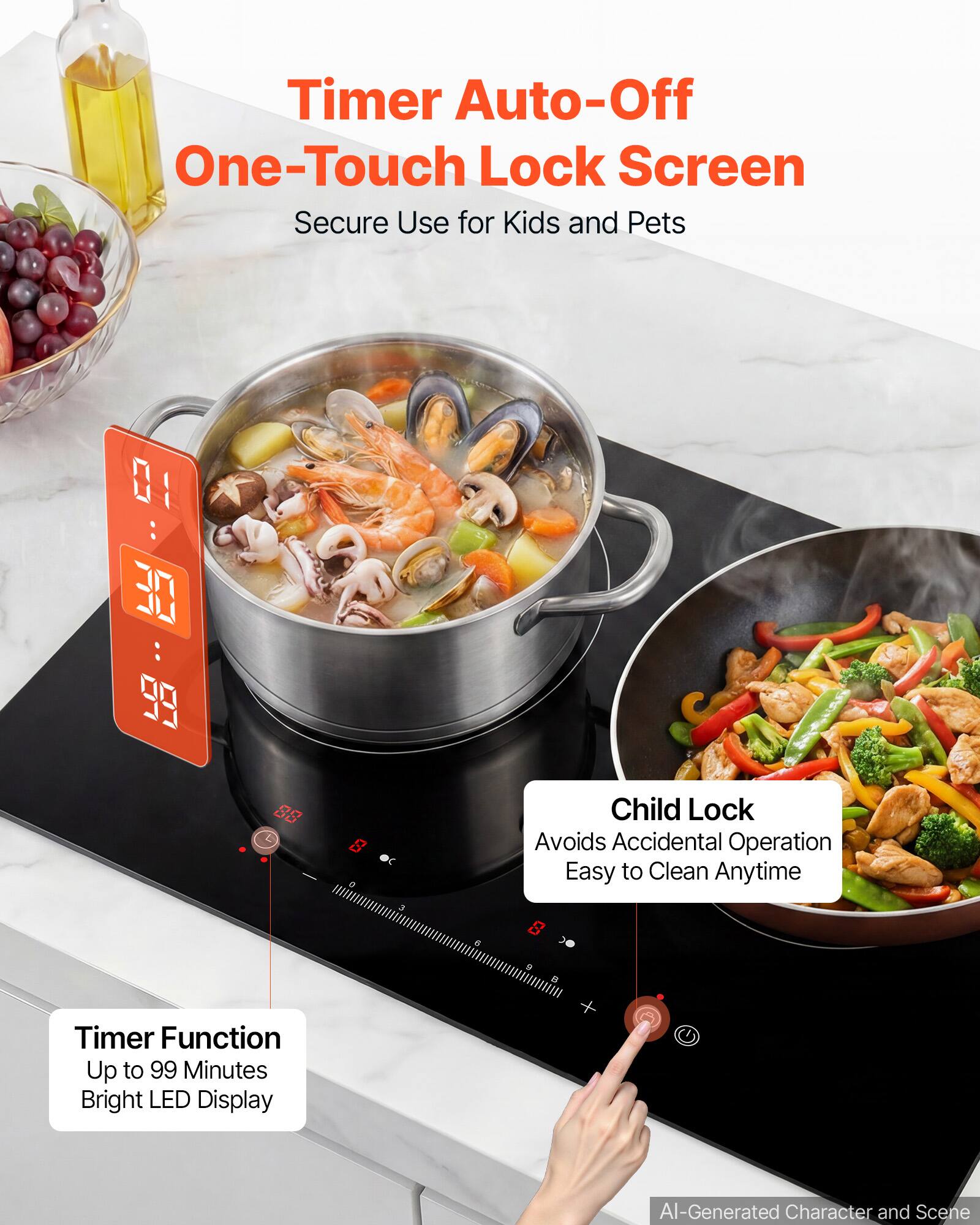 Timer Auto-Off One-Touch Lock Screen Secure Use for Kids and Pets

Child Lock Avoids Accidental Operation Easy to Clean Anytime

Timer Function Up to 99 Minutes Bright LED Display

AI-Generated Character and Scene