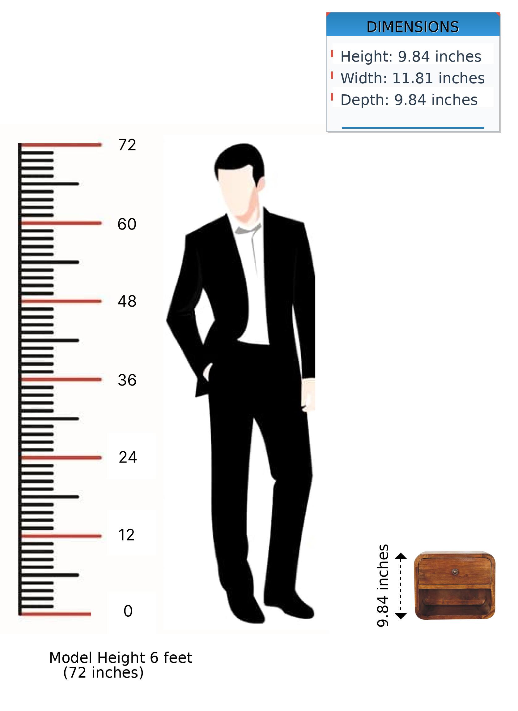 DIMENSIONS  
Height: 9.84 inches  
Width: 11.81 inches  
Depth: 9.84 inches  

72  
60  
48  
36  
24  
12  
0 inches  

Model Height 6 feet (72 inches)