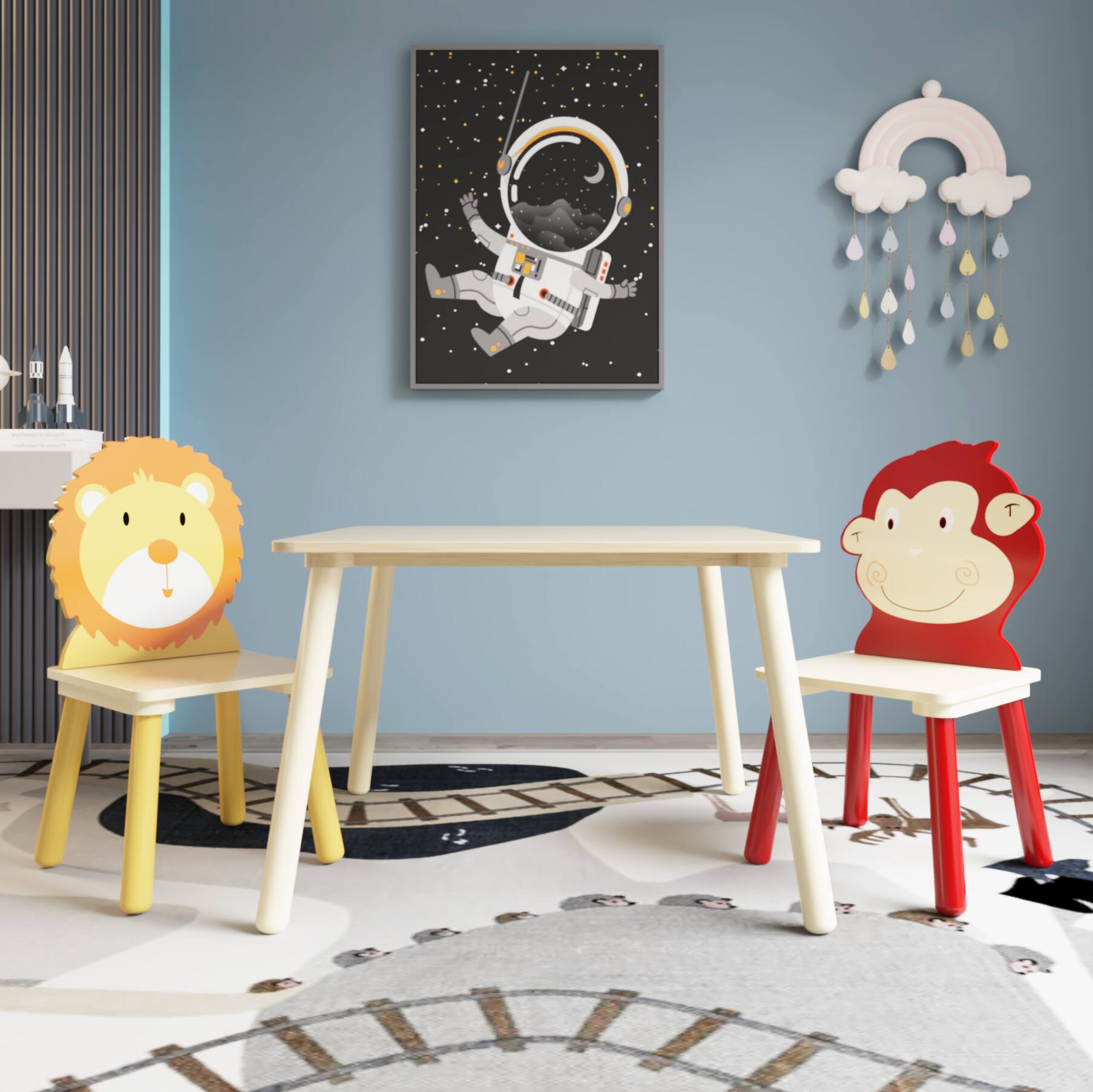 Alt View 6. Tiramisubest - Kids Table and 2 Chairs Set, 3 Pieces Toddler Table and Chair Set, Wooden Activity Play Table Set (Lion & Monkey) - Natural.