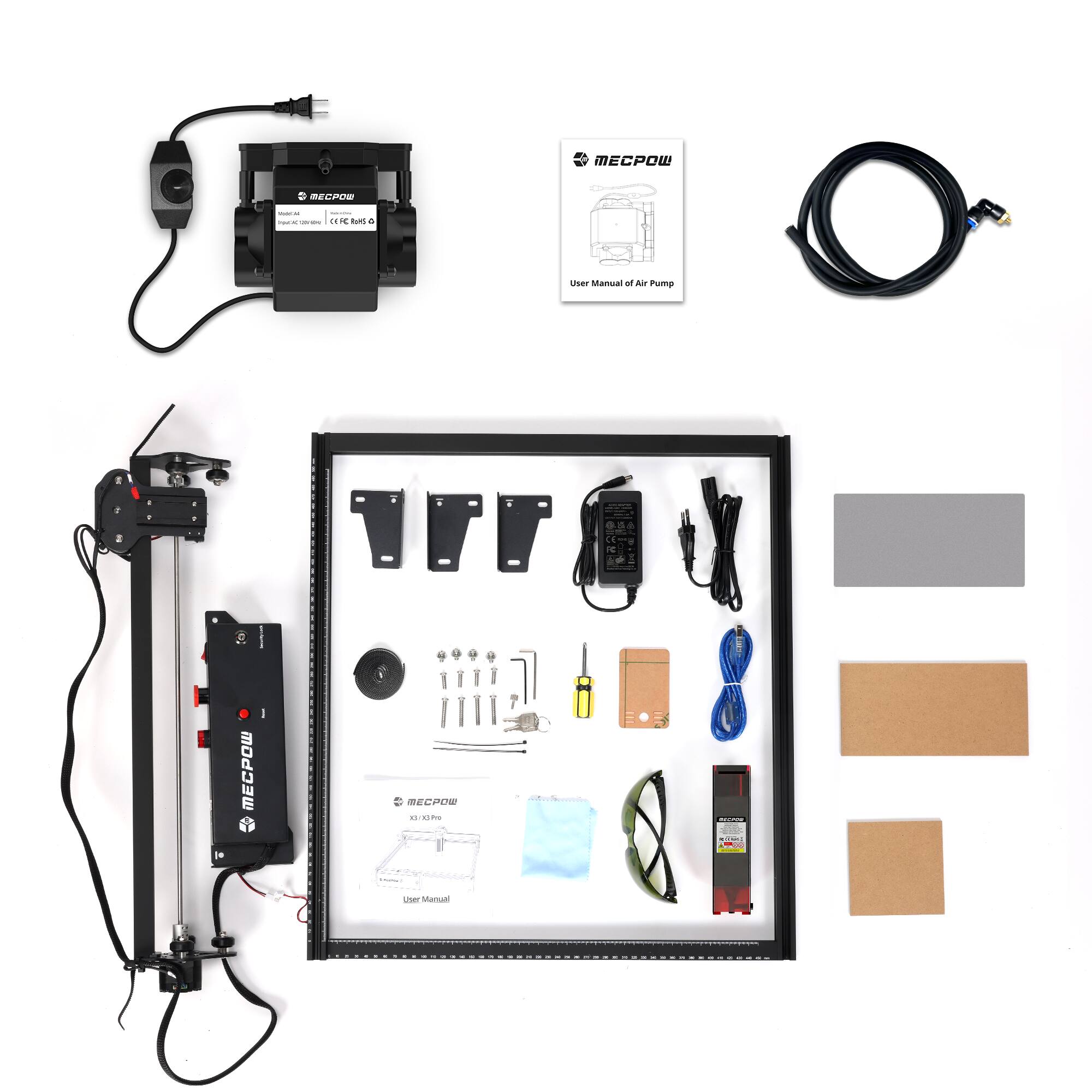The image shows a collection of various tools and equipment, including a pump, a power supply, and a manual. The tools are laid out on a table, and there is also a framed piece of paper with the tools and equipment. The manual is placed next to the tools, providing instructions and guidance for their proper use. The overall scene suggests that this is a workshop or a toolkit for a specific project or task.