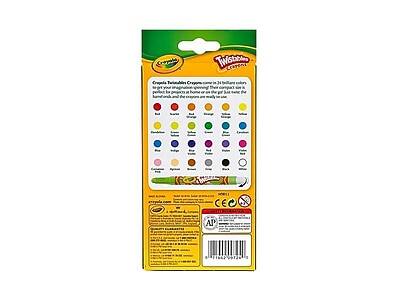 Sure, here is the corrected and grouped text from the image:

---

**Twistable Crayons**

**Crayola Twistable Crayons come in 24 brilliant colors.**  
Get your imagination going! Their compact size is perfect for projects on the go or on the go. Just twist the barrel and the crayons are ready to use.

**Colors:**
- Red
- Orange
- Yellow
- Green
- Blue
- Purple
- Pink
- Brown
- Black
- White

**Features:**
- Twistable barrel
- Easy to use
- Perfect for travel

**Safety Information:**
- CE
- Not for children under 3 years

**Warnings:**
- Choking Hazard - Small parts. Not for children under 3 years.

**ATP**

**Barcode:**
- 0 76005 11234 2

**Additional Information:**
- Made in China
- ©2013 Crayola LLC

---

This text is grouped and corrected based on the image provided.