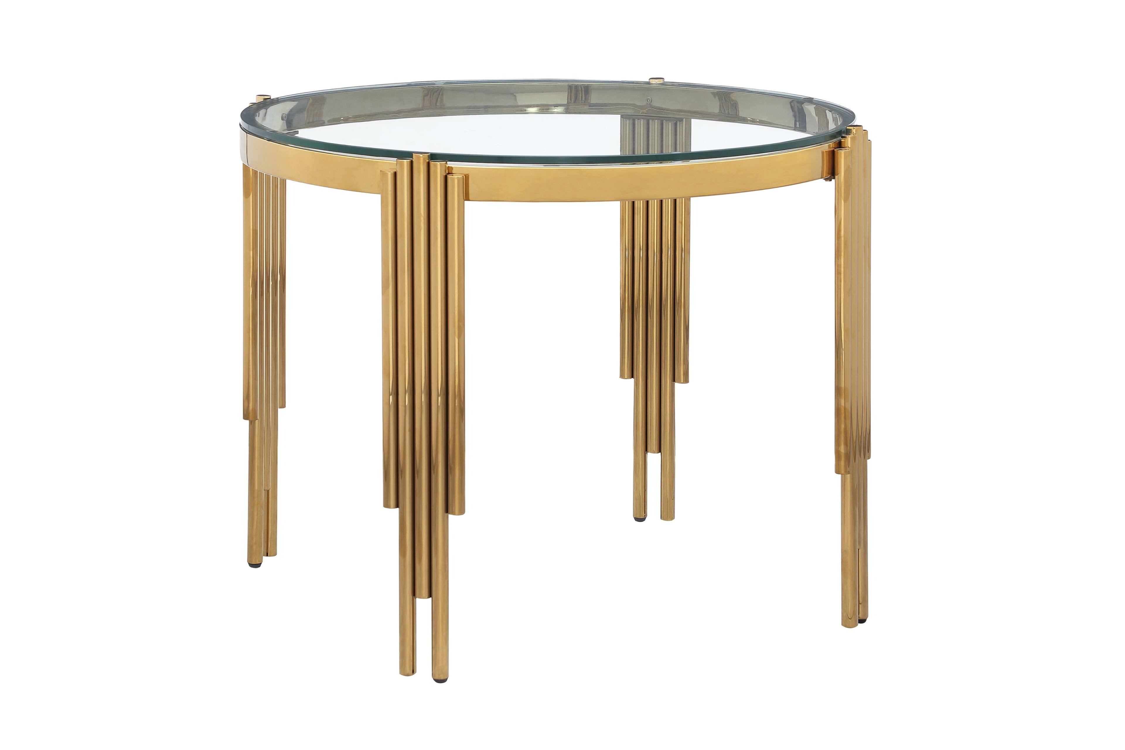 Left. TinyHomie - 386 Round Glass Dining Table Tempered Glass Top Polished Gold Legs - Brown.