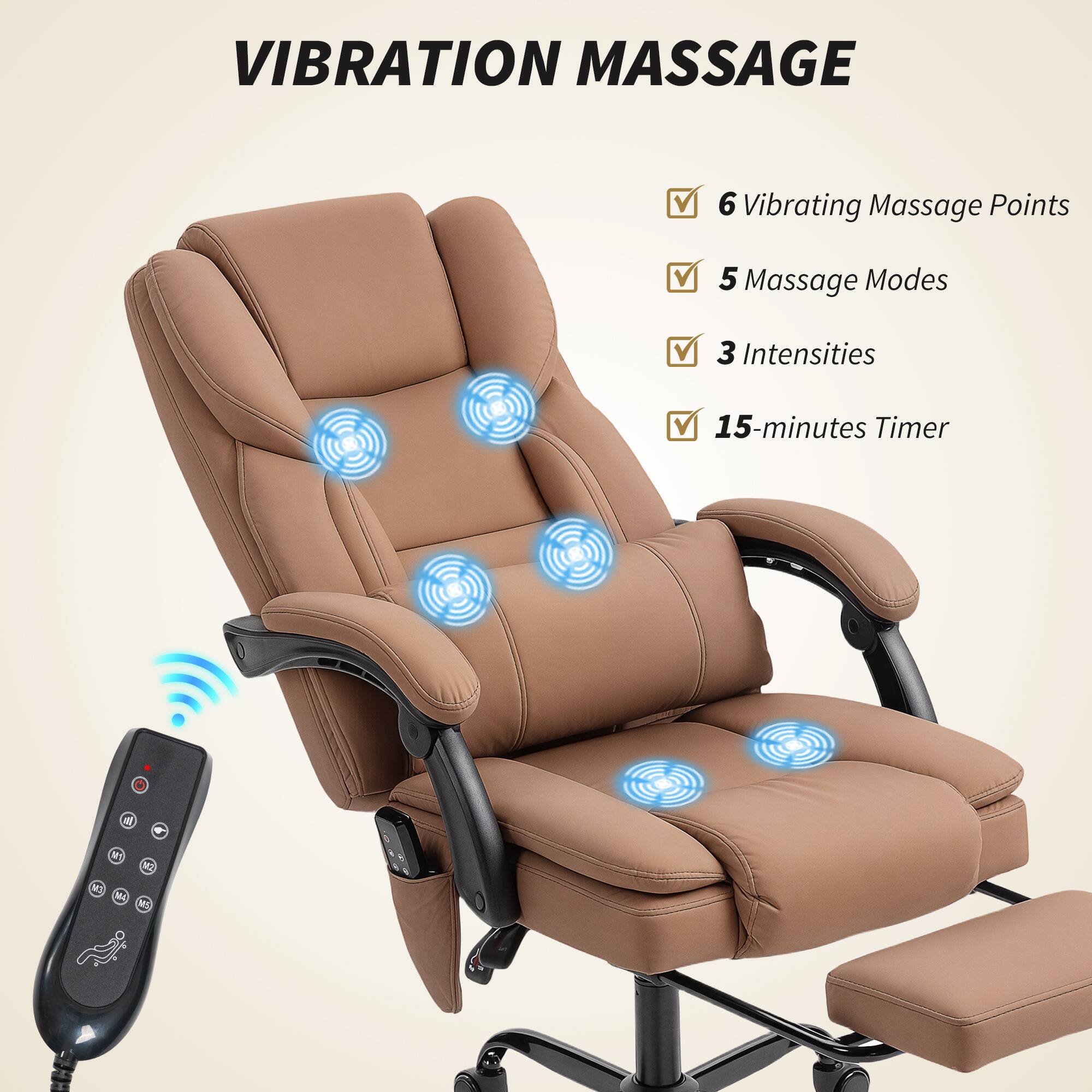 VIBRATION MASSAGE

- 6 Vibrating Massage Points
- 5 Massage Modes
- 3 Intensities
- 15-minutes Timer