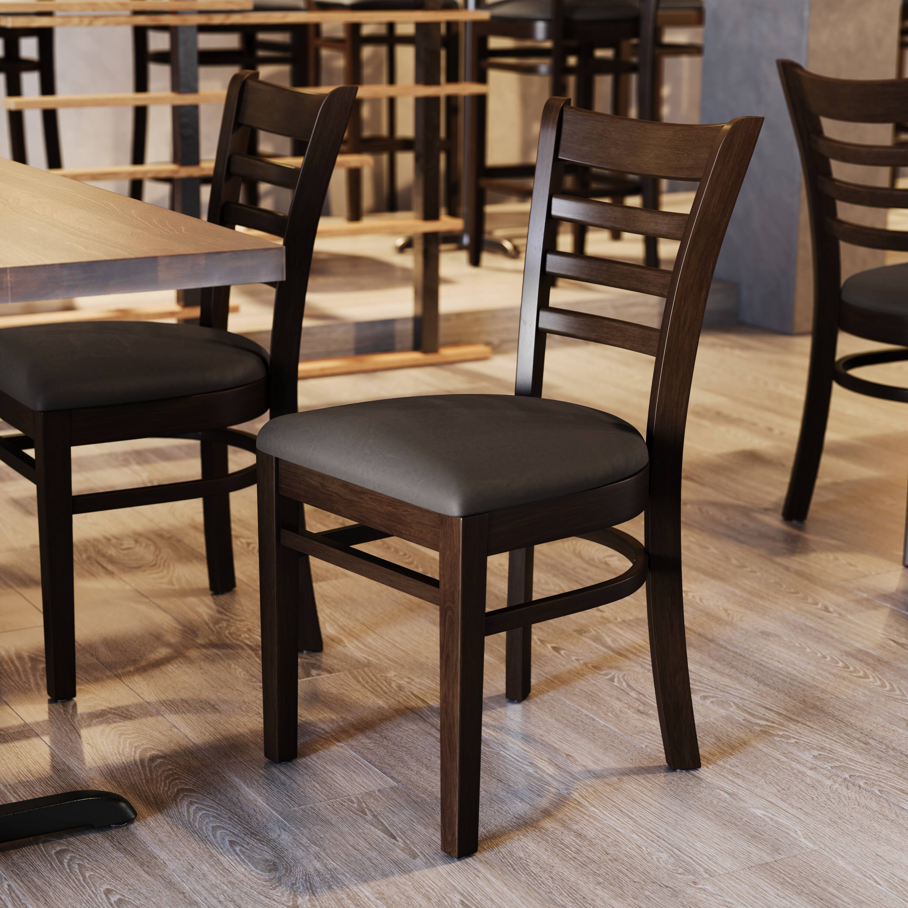 Alt View 4. Emma + Oliver - Ladder Back Wooden Restaurant Dining Chair - Mocha Vinyl Seat/Walnut Wood Frame.