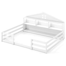 Costway - Full Size Montessori Floor Bed with LED Lights Safety Guardrails Compartments Shelf - White