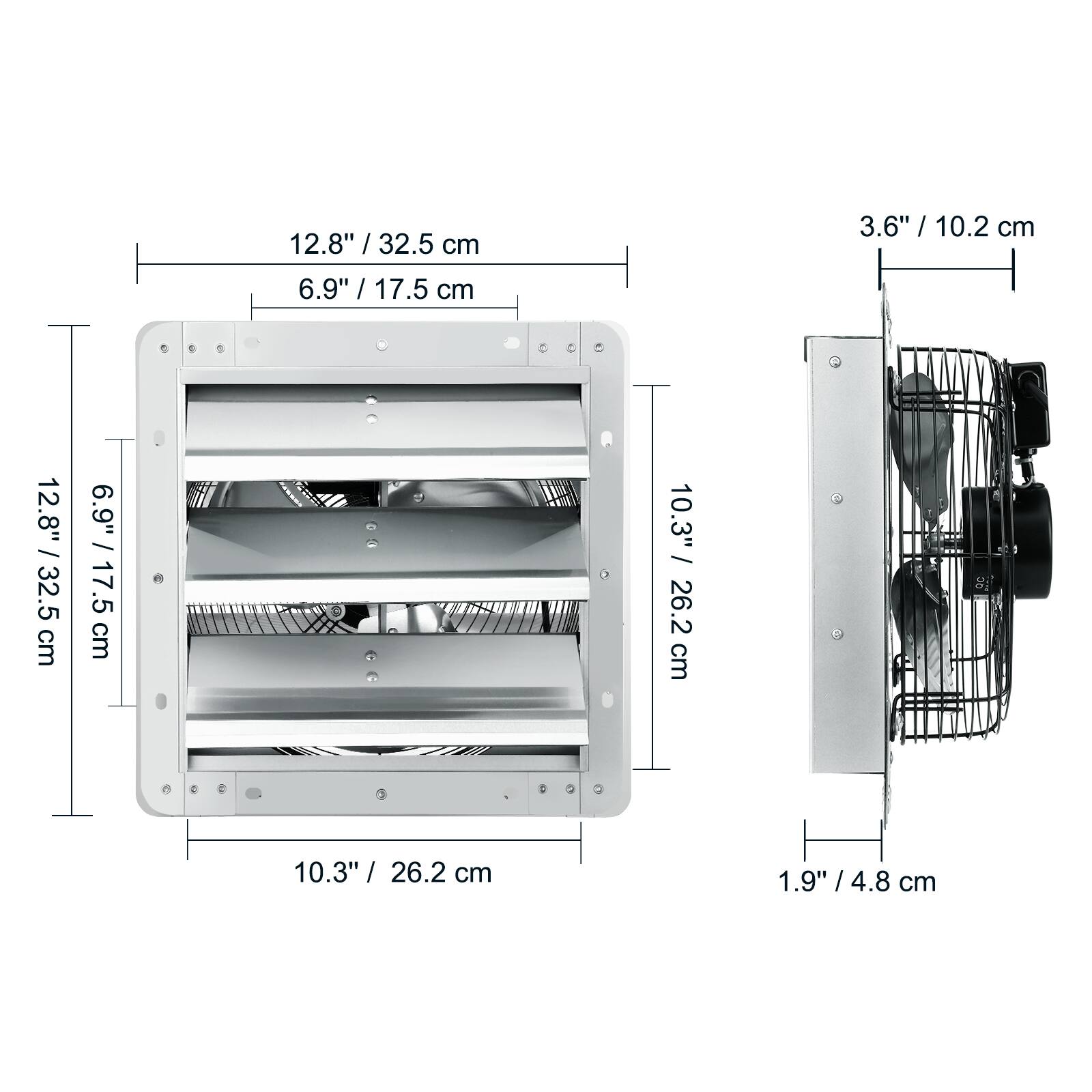 12.8" / 32.5 cm  
6.9" / 17.5 cm  
3.6" / 10.2 cm  
10.3" / 26.2 cm  
1.9" / 4.8 cm