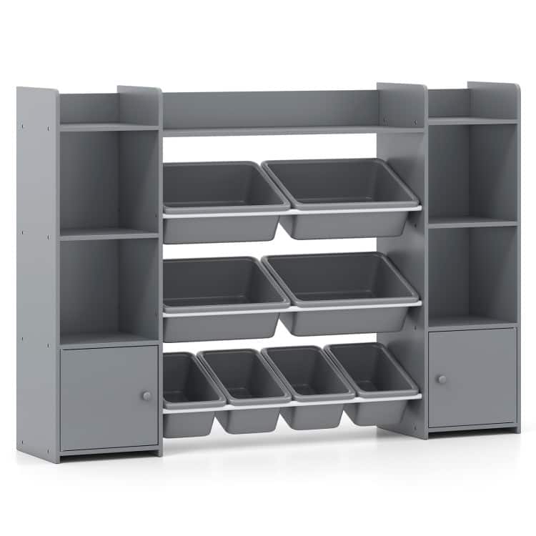 SlickBlue - Kids Toy Organizer with 8 Bins and Bookshelf for Bedroom or Playroom - Gray