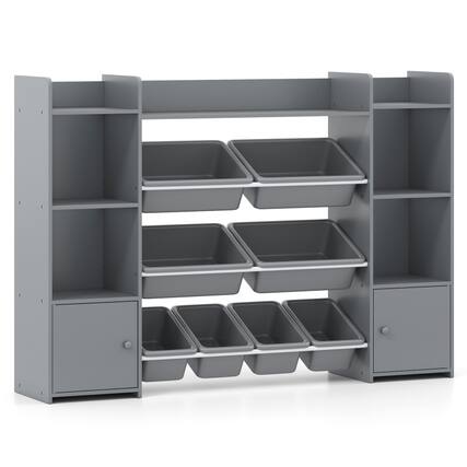 Front. SlickBlue - Kids Toy Organizer with 8 Bins and Bookshelf for Bedroom or Playroom - Grey.