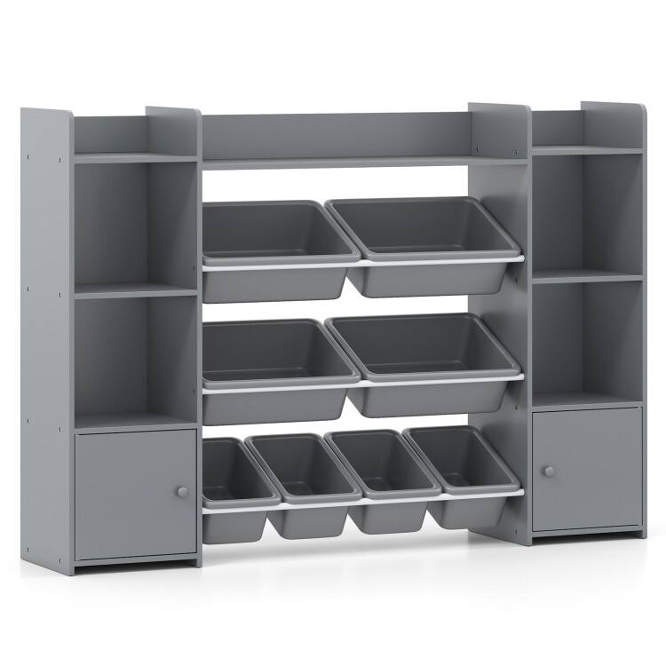 Front. SlickBlue - Kids Toy Organizer with 8 Bins and Bookshelf for Bedroom or Playroom - Grey.