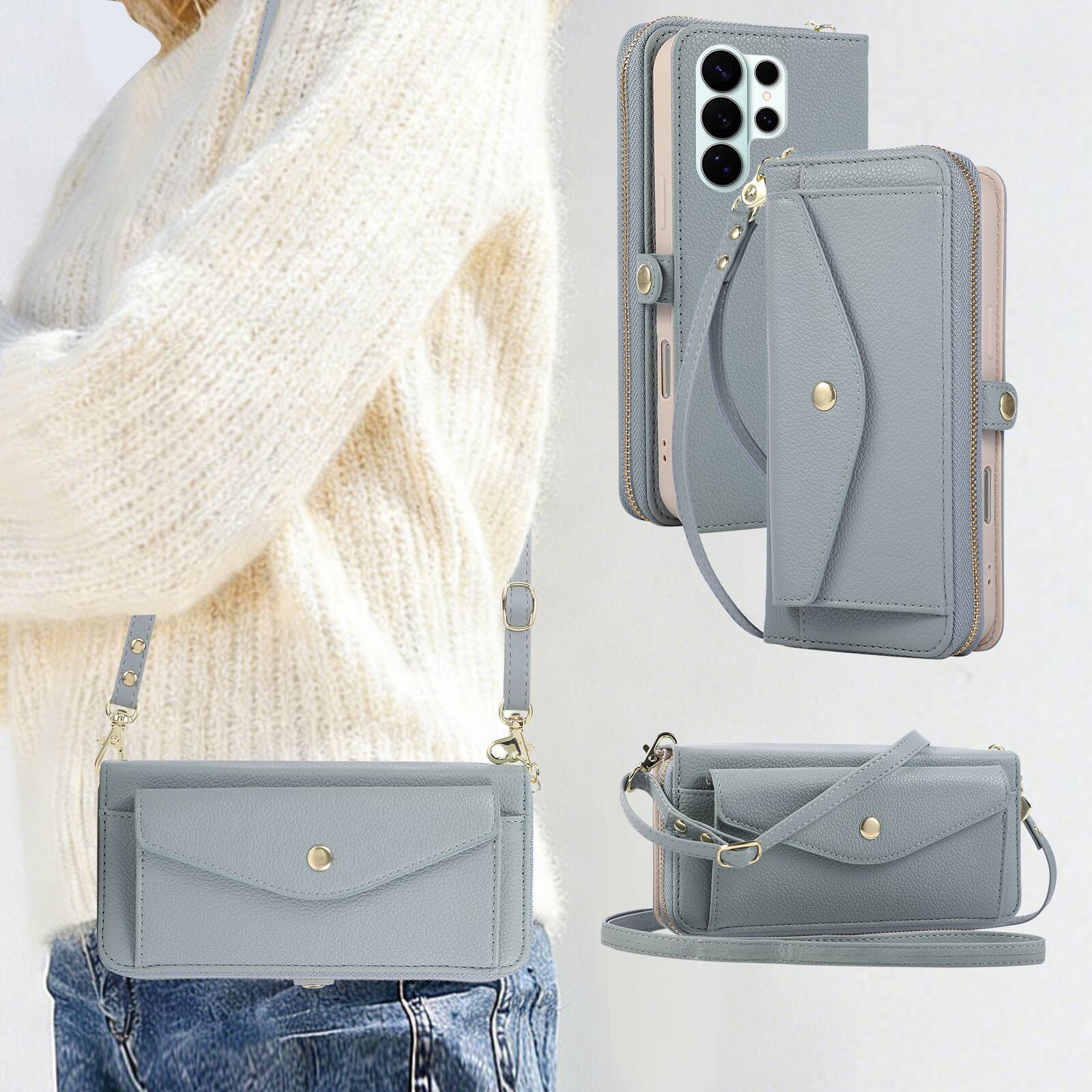 Alt View 5. Dteck - Leather Wallet Phone Case for Samsung Galaxy S26 Ultra with Crossbody Strap, Shockproof Zipper Pocket Mirror Stand Cover - Blue.