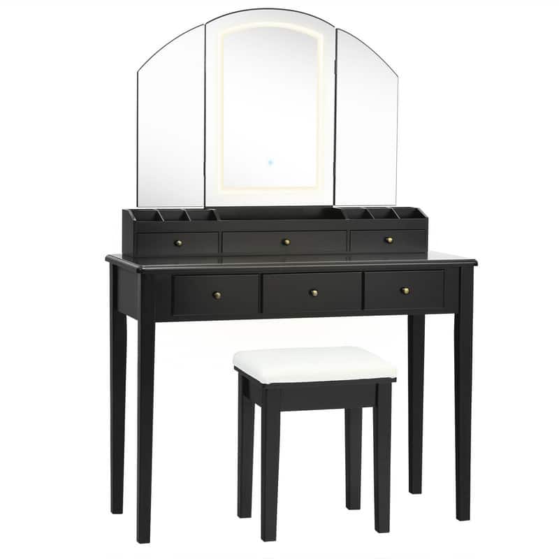 WELLFOR - Makeup Vanity Table Stool Set with 3‑Color Lighted Mirror, 6 Drawers & Multi‑Slot Desktop Storage for Bedroom - Black
