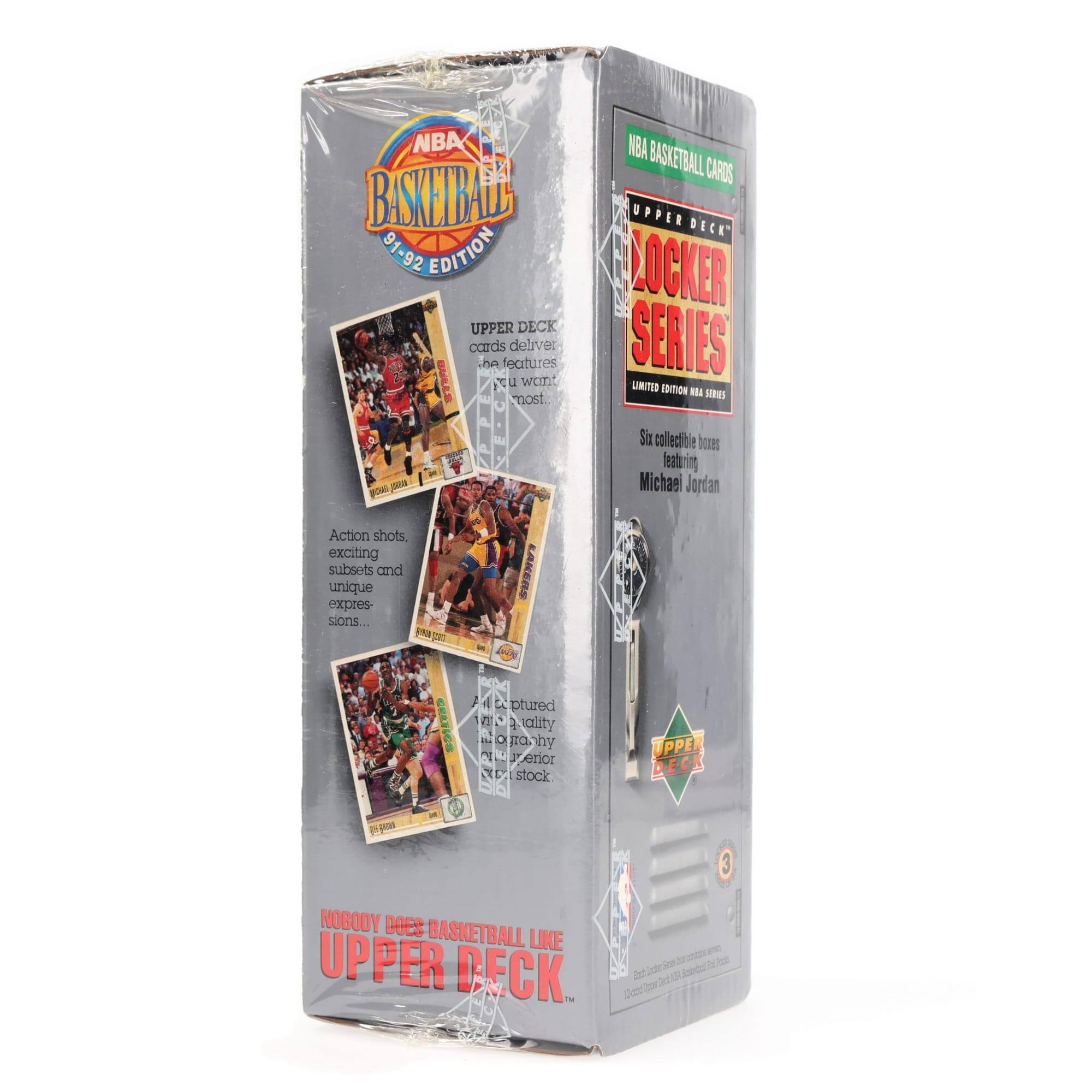 NBA BASKETBALL 91-92 EDITION  
UPPER DECK cards deliver the features you want most:  
- NBA BASKETBALL CARDS  
- UPPER DECK LOCKER SERIES LIMITED EDITION HOITHE MLA SERIES  
- Six collectible boxes featuring Michael Jordan  
- Action shots, exciting subsets and unique expressions...  
- Poor LAKERS captured in personality  
- Nobody does basketball like UPPER DECK.  
- Six collectible boxes featuring Michael Jordan  
- Action shots, exciting subsets and unique expressions...  
- Nobody does basketball like UPPER DECK.