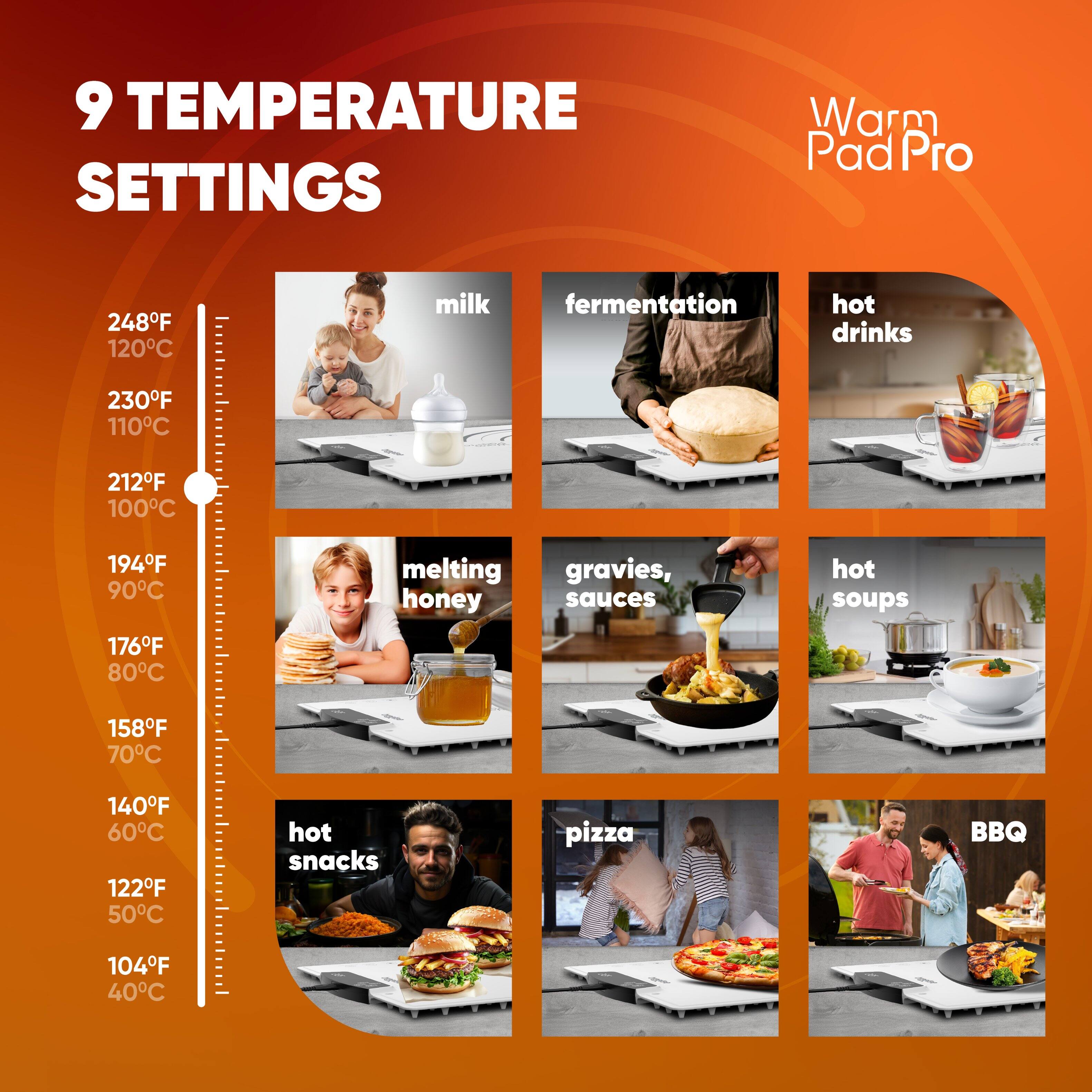 9 TEMPERATURE SETTINGS

Warm Pad Pro

- 248°F 120°C milk
- 230°F 110°C fermentation
- 212°F 100°C hot drinks
- 194°F 90°C melting honey
- 176°F 80°C gravies, sauces
- 158°F 70°C hot soups
- 140°F 60°C hot snacks
- 122°F 50°C pizza
- 104°F 40°C BBQ