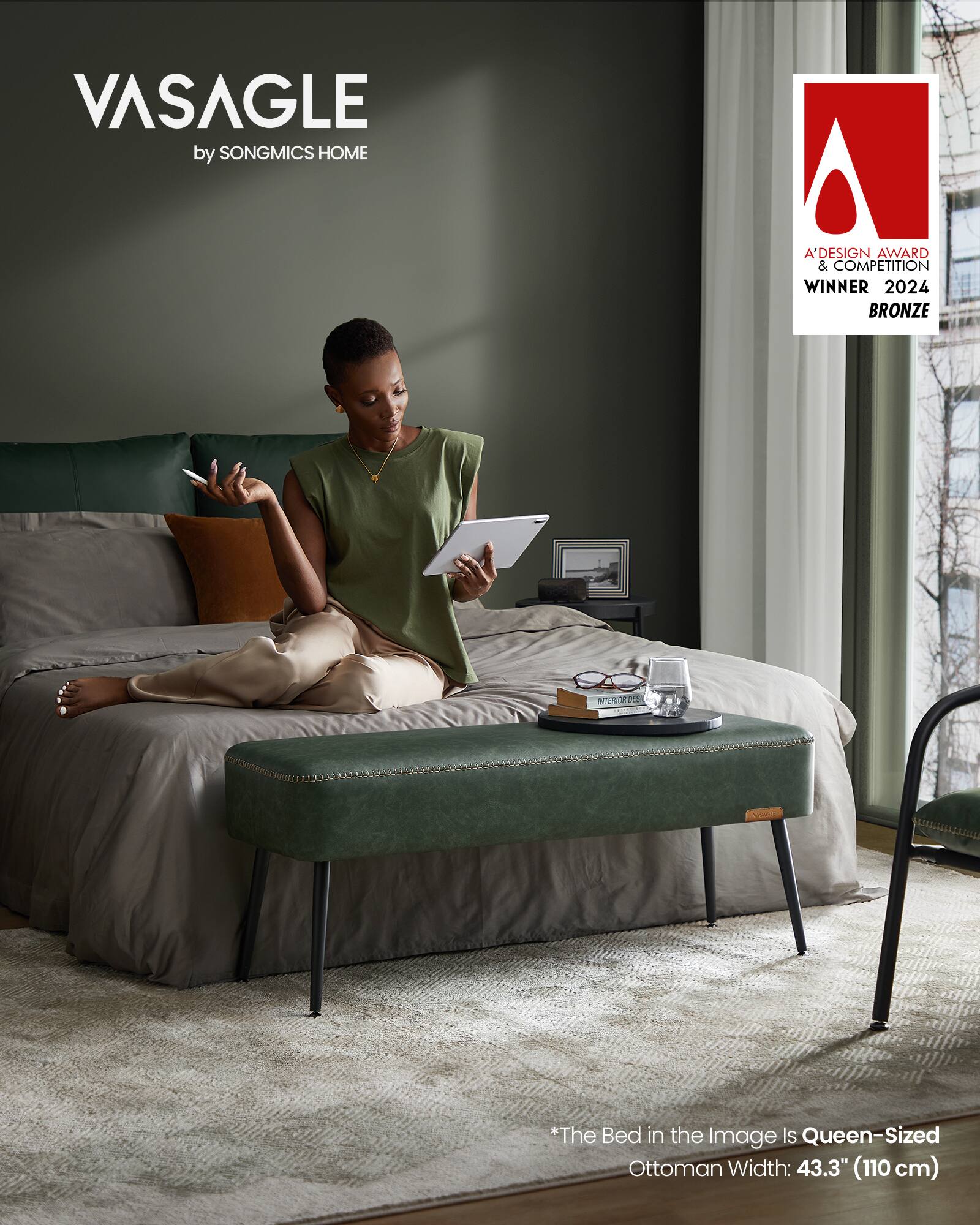 VASAGLE by SONGMICS HOME  
A'DESIGN AWARD & COMPETITION WINNER 2024 BRONZE  

*The Bed in the Image Is Queen-Sized Ottoman Width: 43.3" (110 cm)