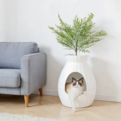 Front. Pefilos - Smart Plant Cat Litter Box with Electronic Odor Removal and Sterilization-White, Cat Litter Box Enclosure , Hidden Cat - White.