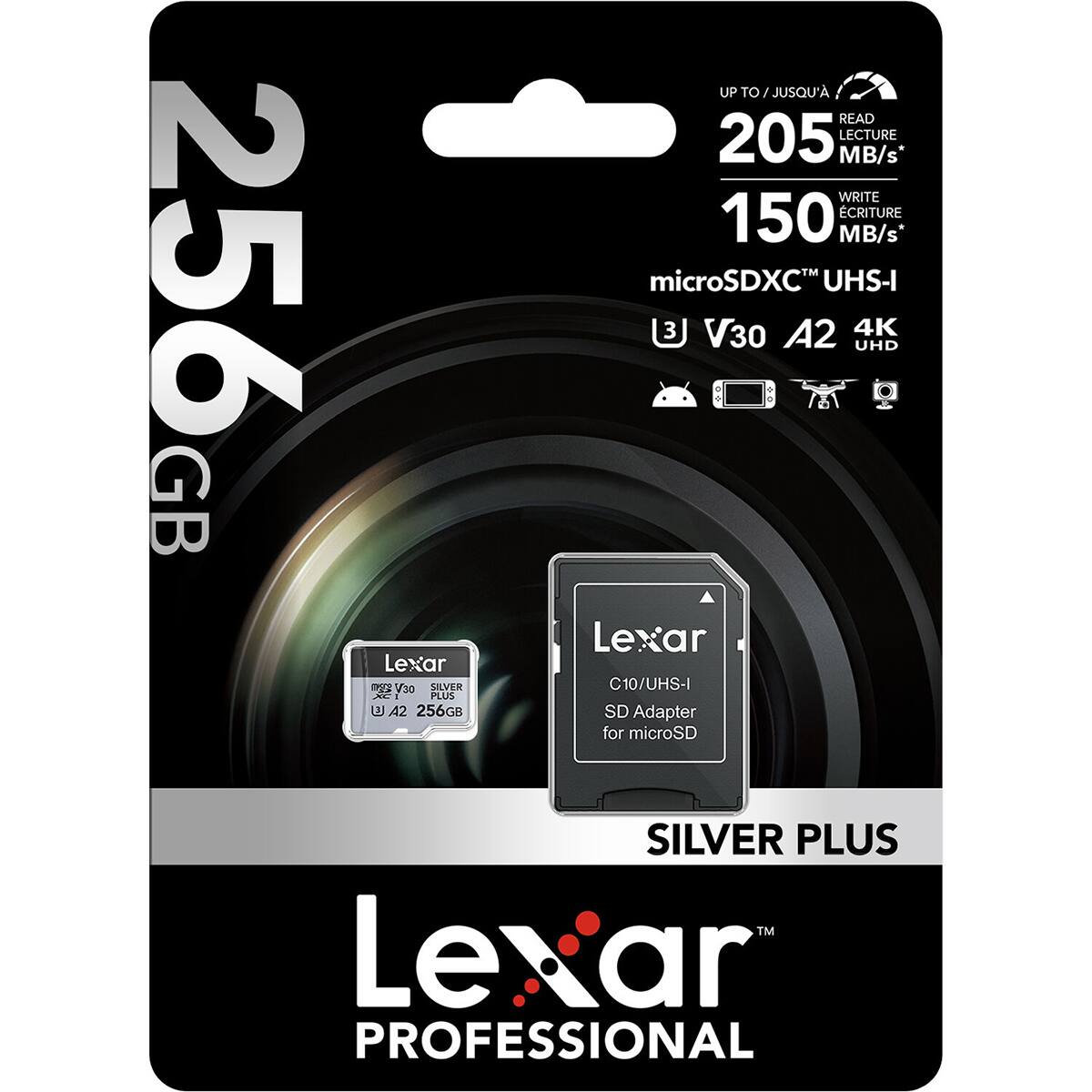 UP TO JUSQU'À READ 205 LECTURE MB/s* WRITE 150 ÉCRITURE MB/s microSDXC V30 A2 UHS-I 4K UHD Lexar SILVER PLUS TM Lexar PROFESSIONAL