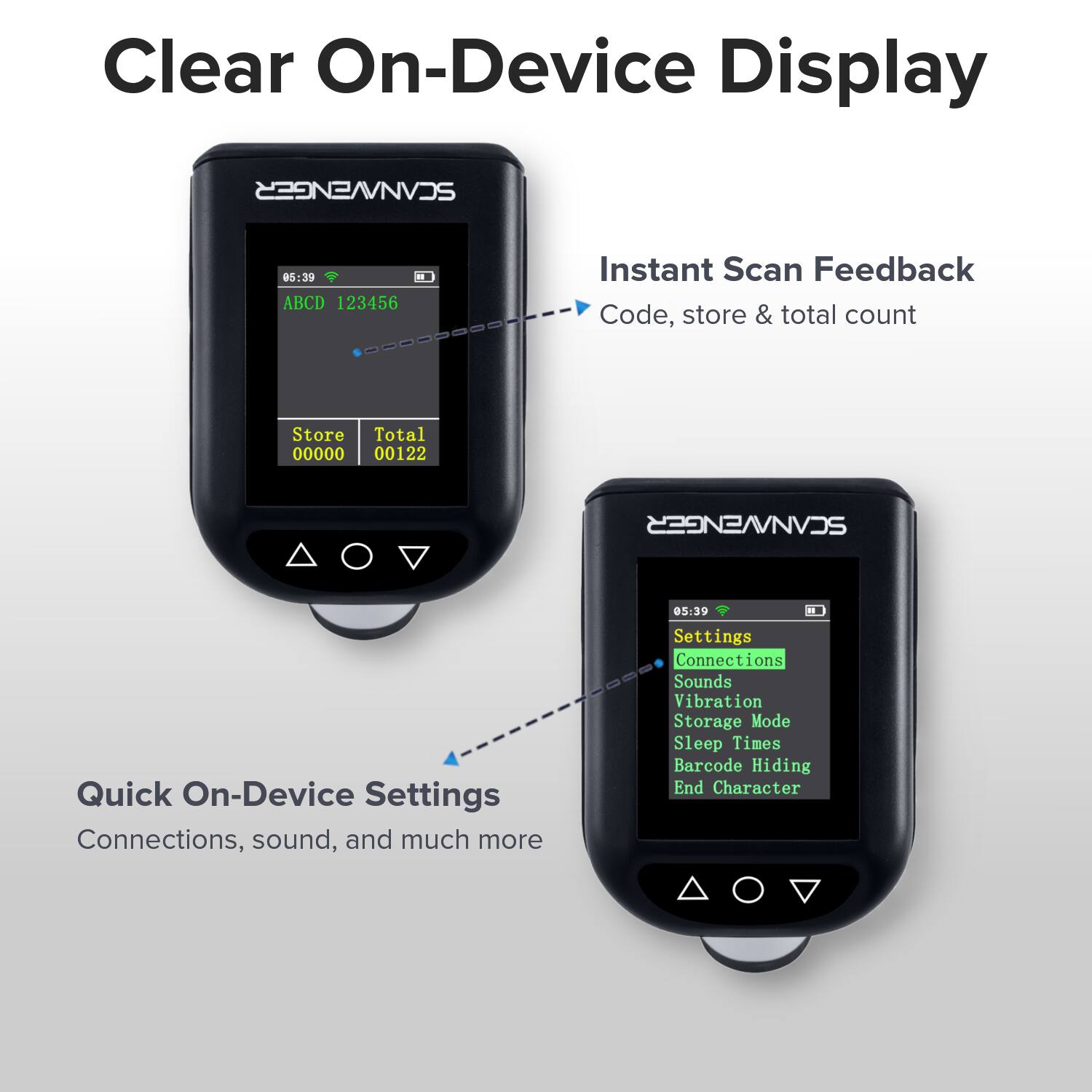 Clear On-Device Display

SCANNVENGER

05:39 ABCD 123456

Instant Scan Feedback
Code, store & total count

Store Total
00000 00122

CAON2AVNVOS

Quick On-Device Settings
Connections, sound, and much more

05:39

Settings
Connections
Sounds
Vibration
Storage Mode
Sleep Times
Barcode Hiding
End Character