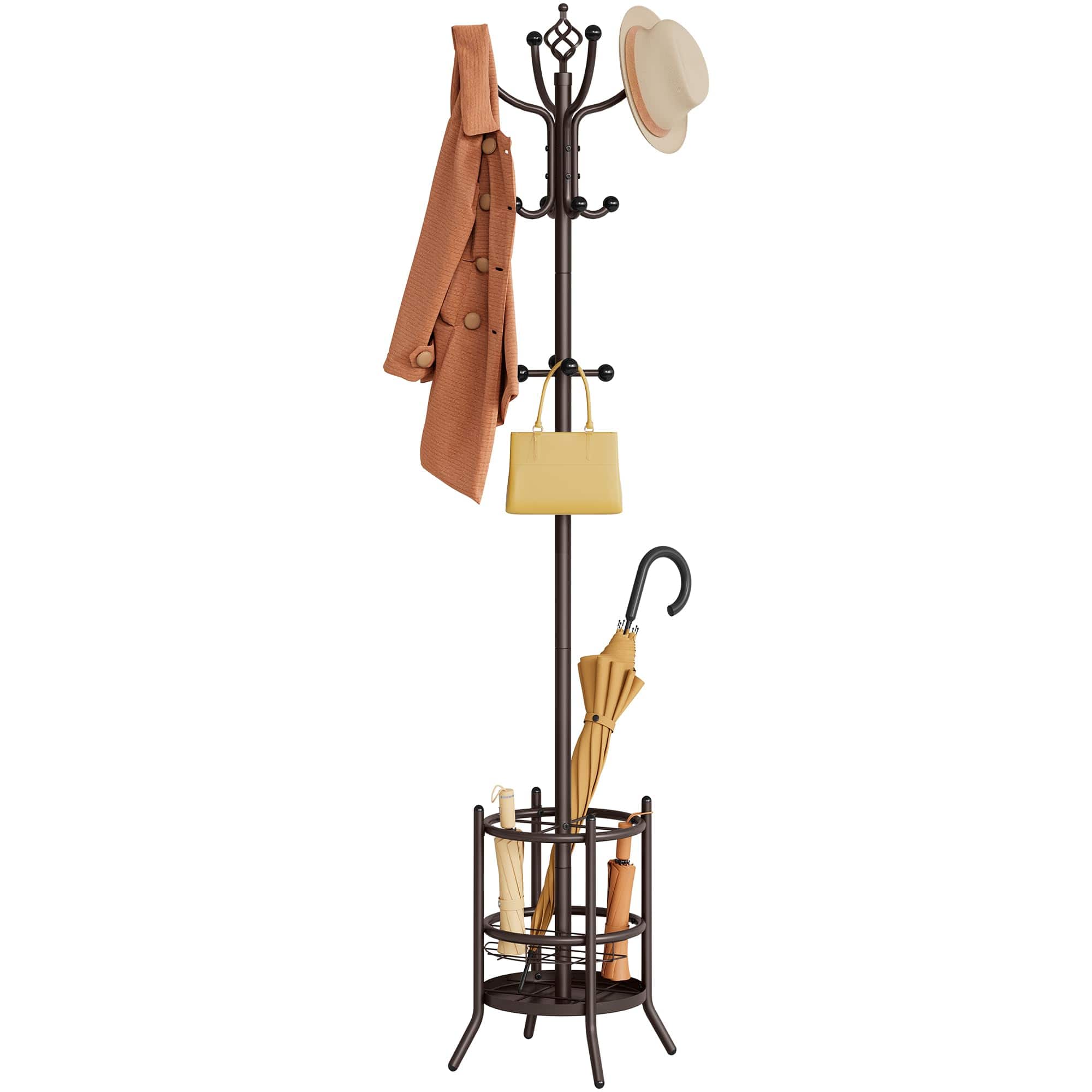 Hirose Alice - Coat Rack Stand With Umbrella Holder Tree Freestanding 16 Hooks Hangers For Living Room Bedroom Office - Brown