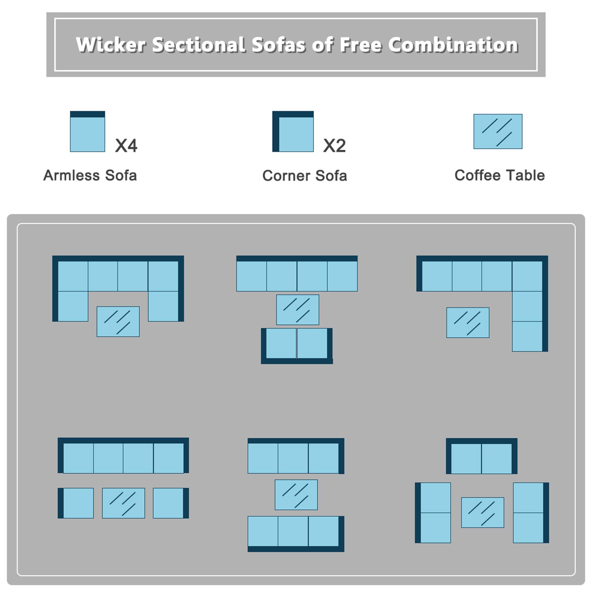 Wicker Sectional Sofas of Free Combination

- Armless Sofa X4
- Corner Sofa X2
- Coffee Table