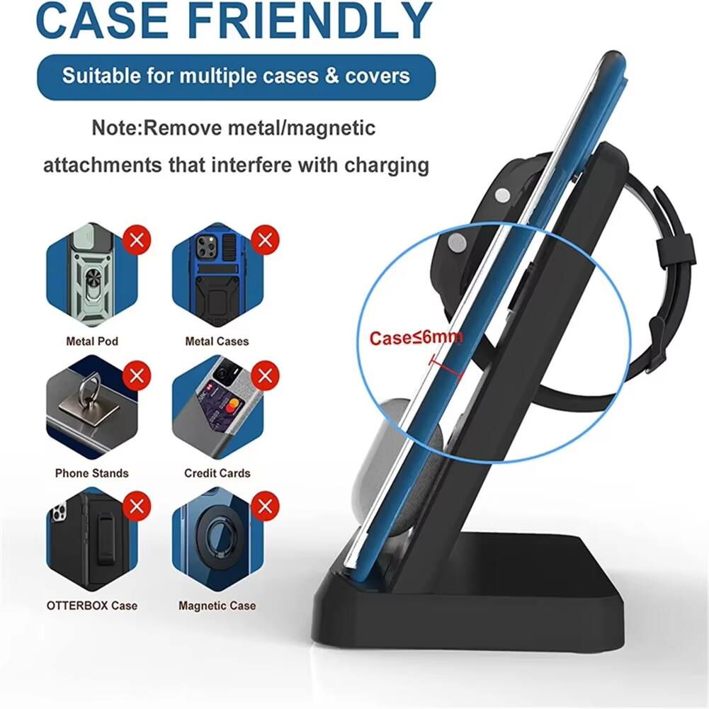 CASE FRIENDLY  
Suitable for multiple cases & covers  

Note: Remove metal/magnetic attachments that interfere with charging  

- Metal Pod  
- Metal Cases  
- Phone Stands  
- Credit Cards  
- OTTERBOX Case  
- Magnetic Case  

Case ≤6mm