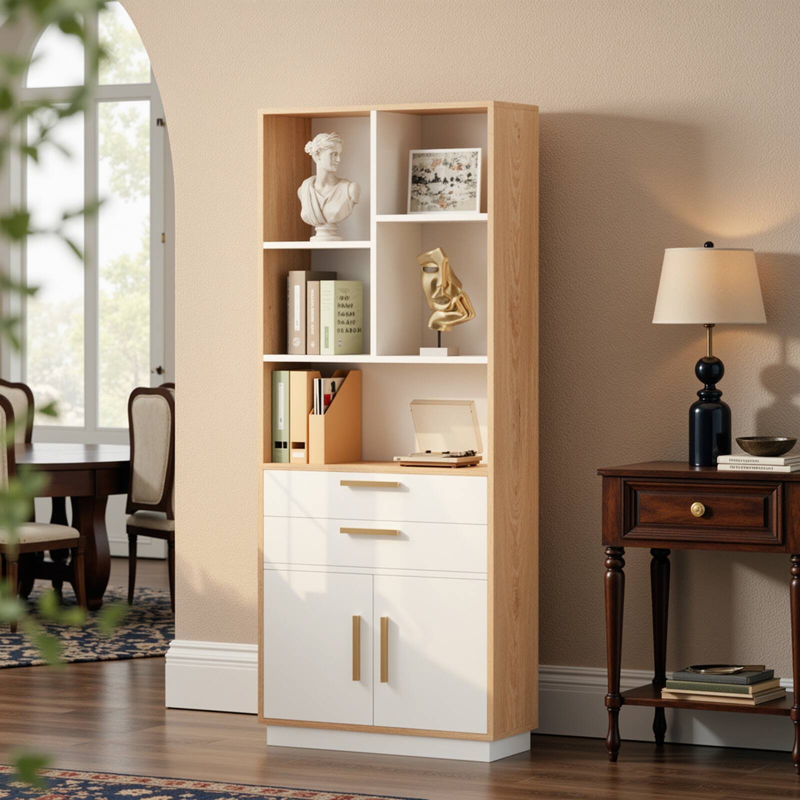 ModernMate - Tall Bookshelf with 5 Open Cubes, 2 Drawers and Doors - Light Walnut