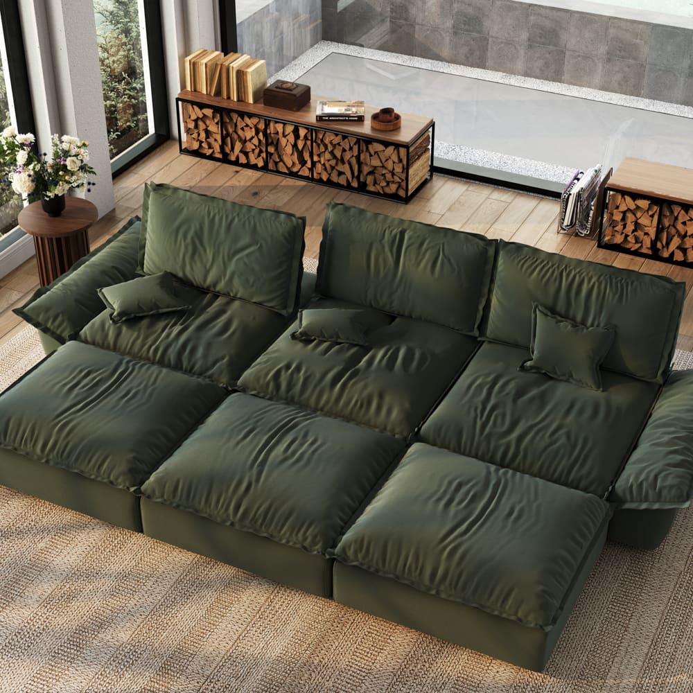 POVISON - Modern Beige Sleeper Sofa with 3 Ottomans - Green Suede Fabric