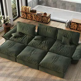 POVISON - Modern Beige Sleeper Sofa with 3 Ottomans - Green Suede Fabric