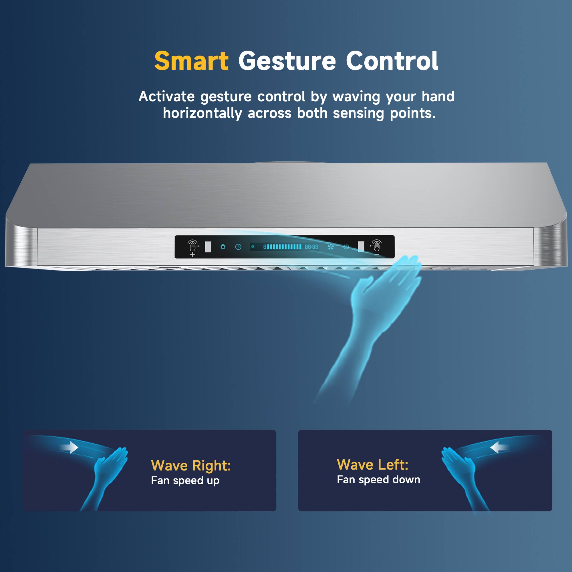 Smart Gesture Control

Activate gesture control by waving your hand horizontally across both sensing points.

Wave Right: Fan speed up

Wave Left: Fan speed down