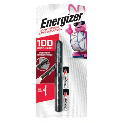 Energizer Inspection Light
Lampe d'Inspection
100 Lumens / Lumières
Ergonomic Grip / Poignée Ergonomique
Clip / Pince
Energizer X Max
2 AA Alkaline Batteries / 2 piles AA alcalines