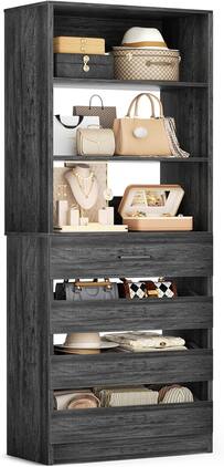 Aheaplus - Space-Saving Modular Closet Organizer - 4 Drawers, Adjustable Shelves Cabinet, Easy Assembly Tall Wardrobe - Gray Oak